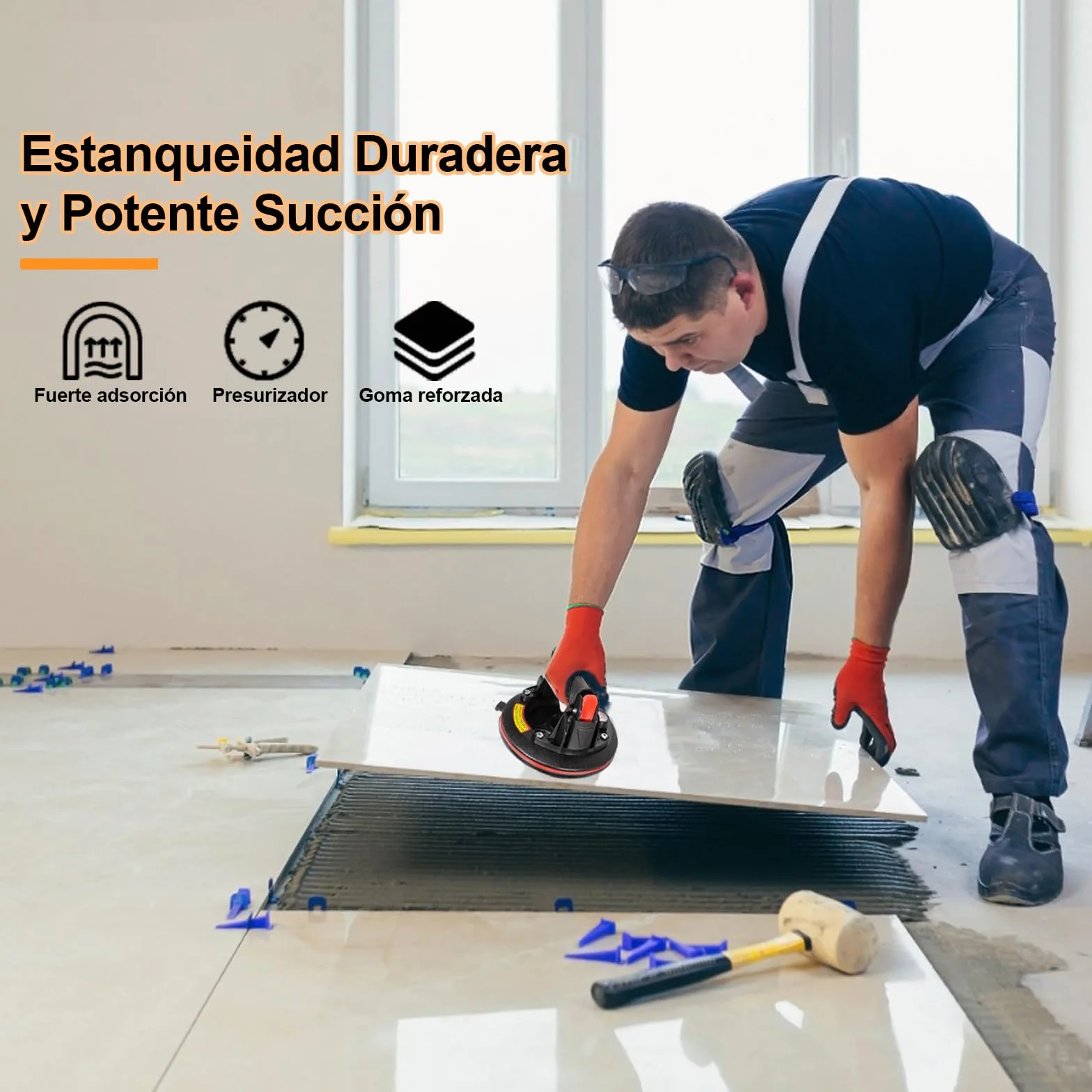 Juego de 2 ventosas de cristal con manómetro, elevador de azulejos, 230 kg, succión para azulejos, vidrio, laminado con caja