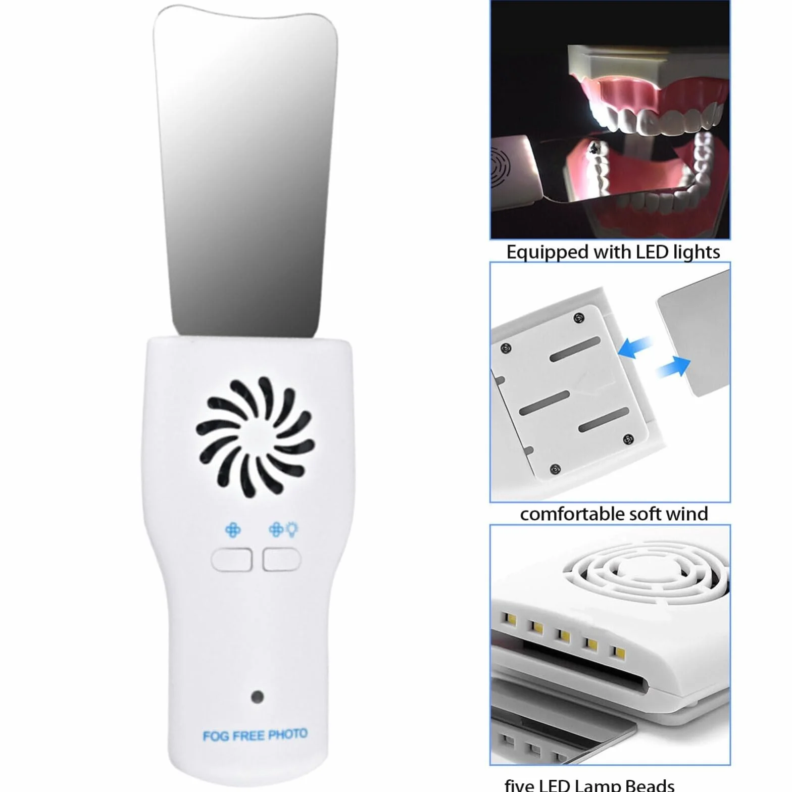Espejos antivaho para fotografía dental con luz LED y ventilador