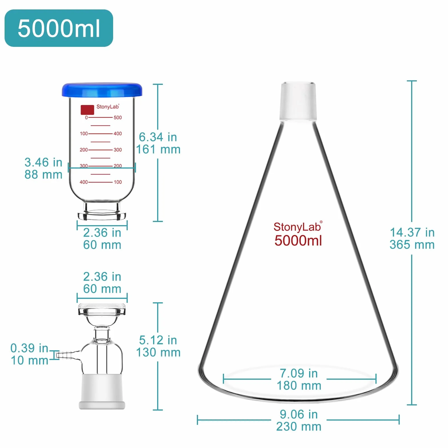 Aparato de Filtración de Vidrio, Kit de Filtro al Vacío de Borosilicato 5000 ml con Embudo Graduado 500 ml
