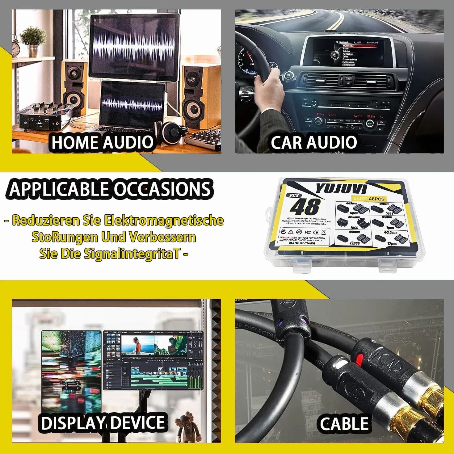 48 Piezas Núcleo de Anillo de Ferrita Supresor de Ruido RFI EMI Clip de Cable 3.5-13mm Diámetro Interior