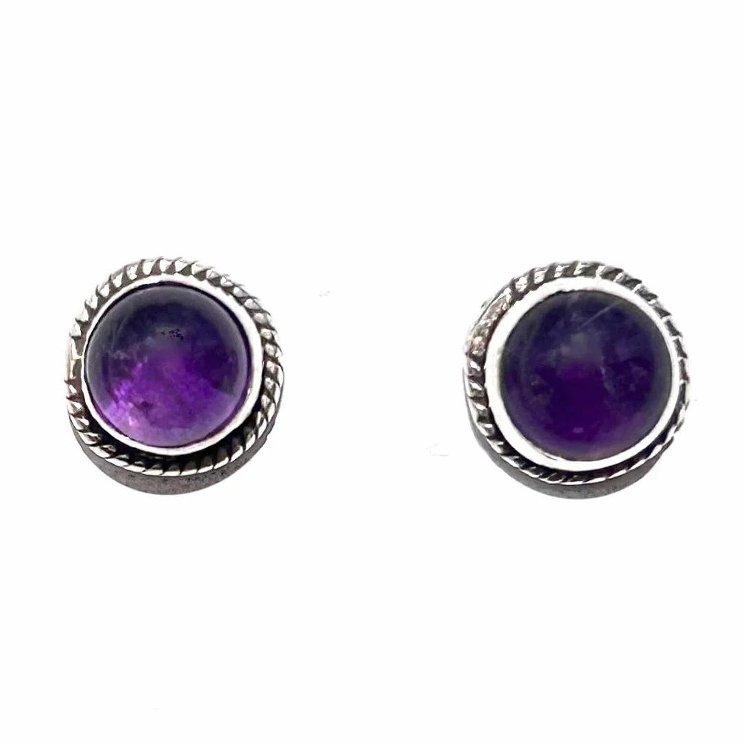 PENDIENTES BOTON CON PIEDRAS PRECIOSAS EN PLATA DE LEY (AMATISTA)