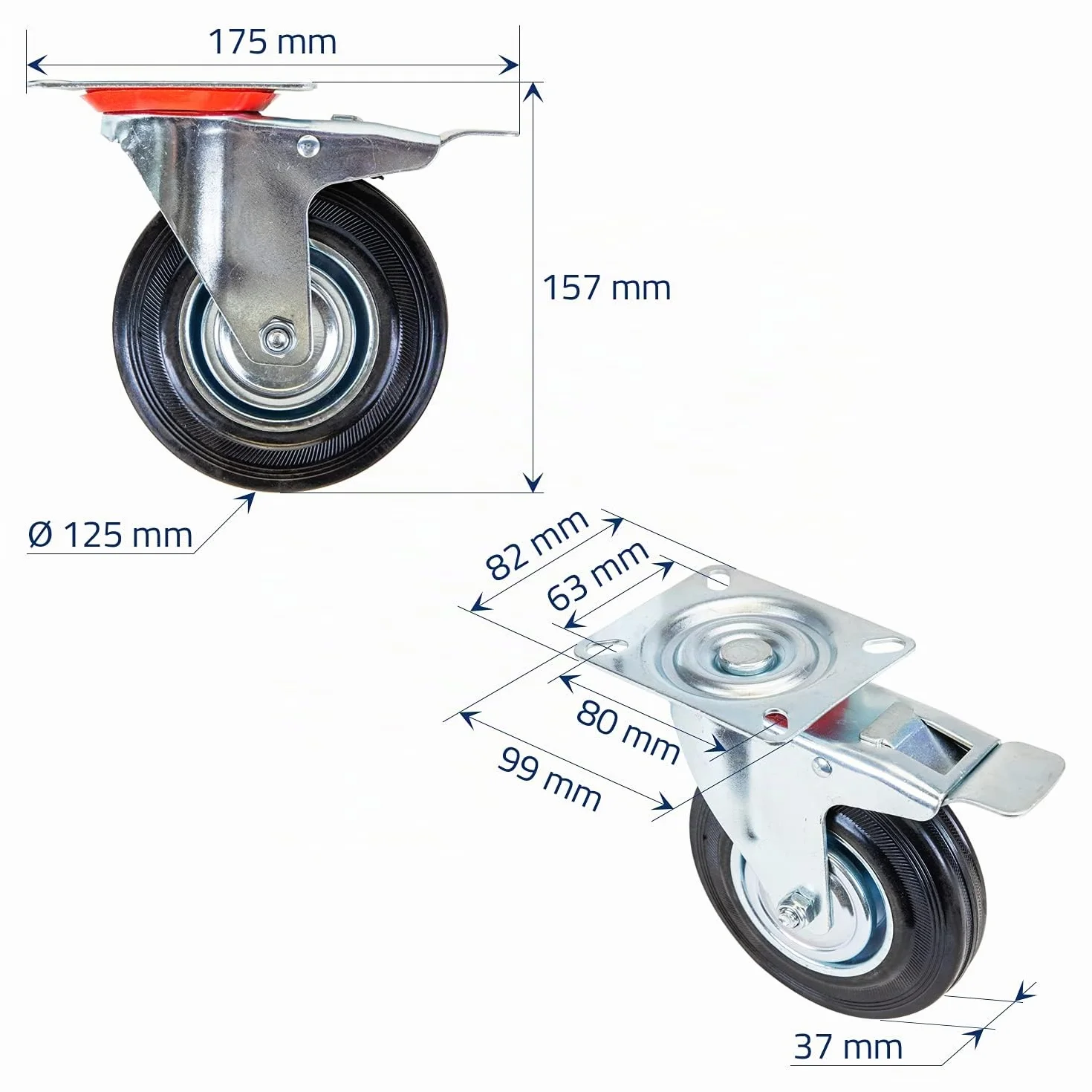 Ruedas de goma maciza con freno 125 mm 400 kg HMF 6790 4 unidades negro
