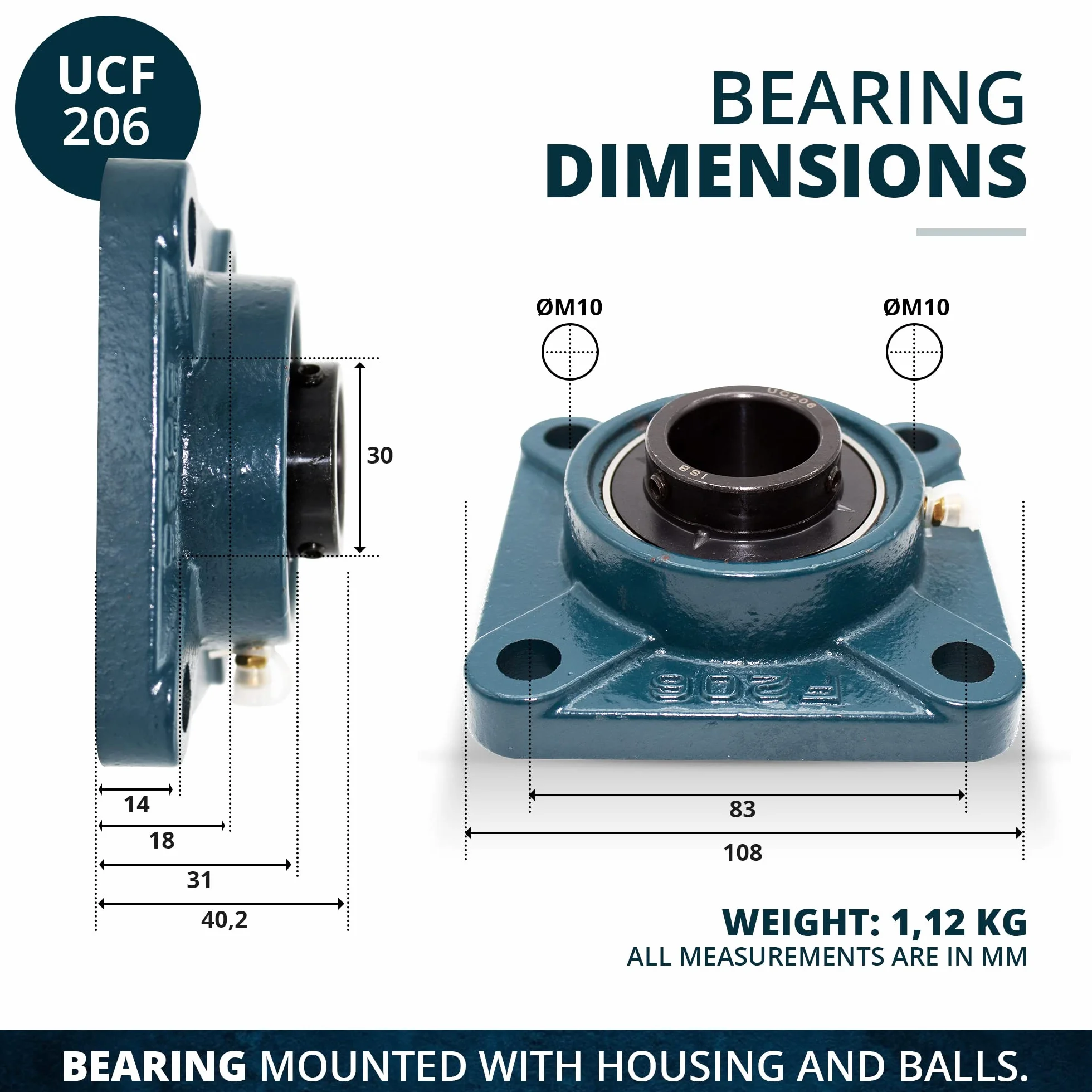 Rodamientos con Soporte UCF 206 UC206 F206 para Eje Ø 30mm Acero