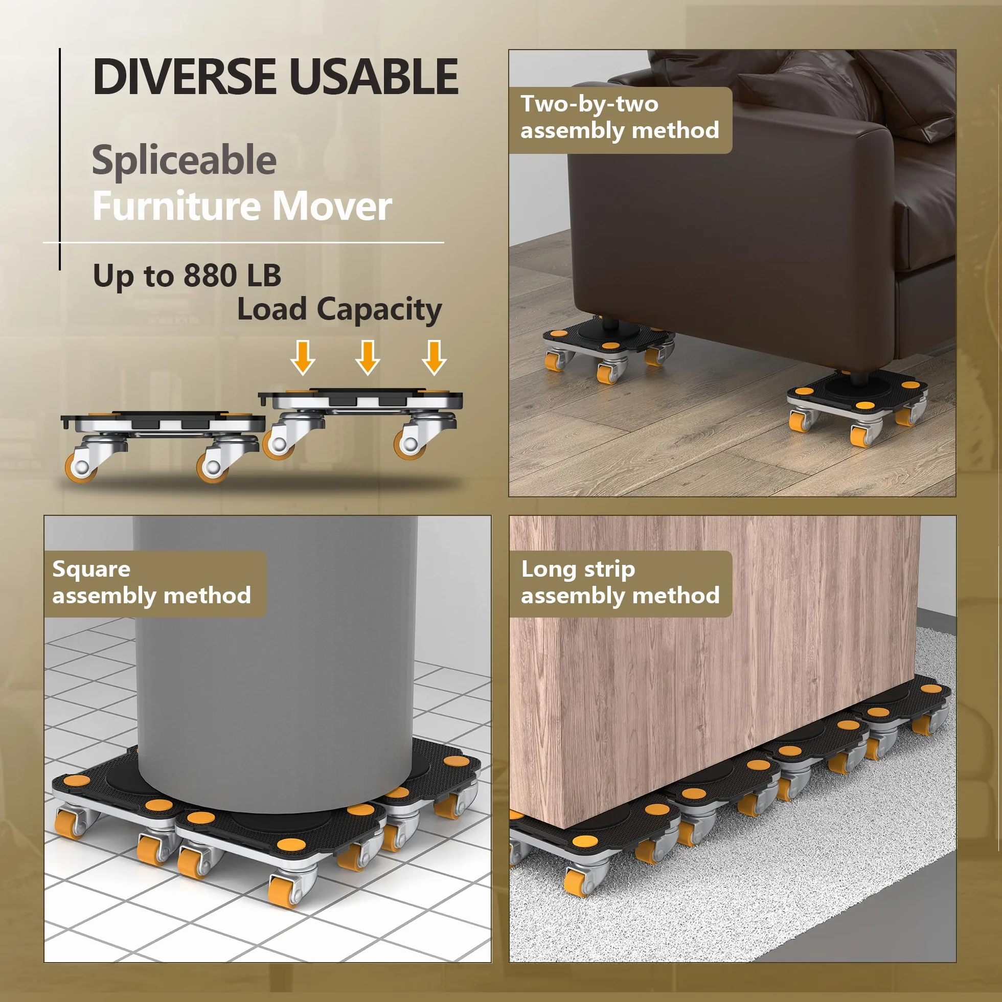 ONEON Mover Muebles con Ruedas 360° para Muebles Pesados 400 KG Elevador Auxiliar Dolly Connect Pro Negro