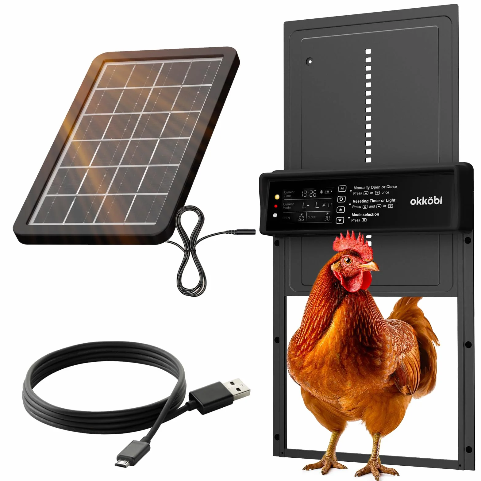 Puerta Gallinero Automatica Solar con Mando a Distancia, Sensor de Luz y Temporizador, Negro
