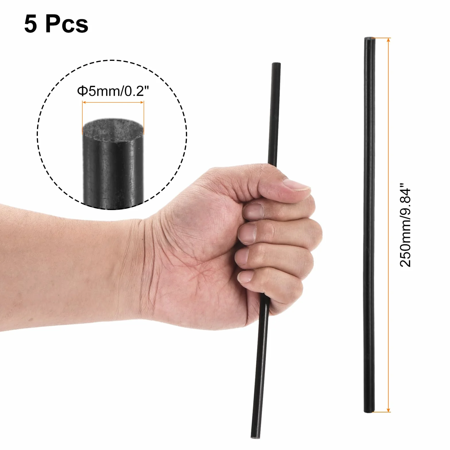 Varillas de Plástico ABS 5mm x 250mm Barras Redondas Sólidas para Modelos DIY Bricolaje, Negro
