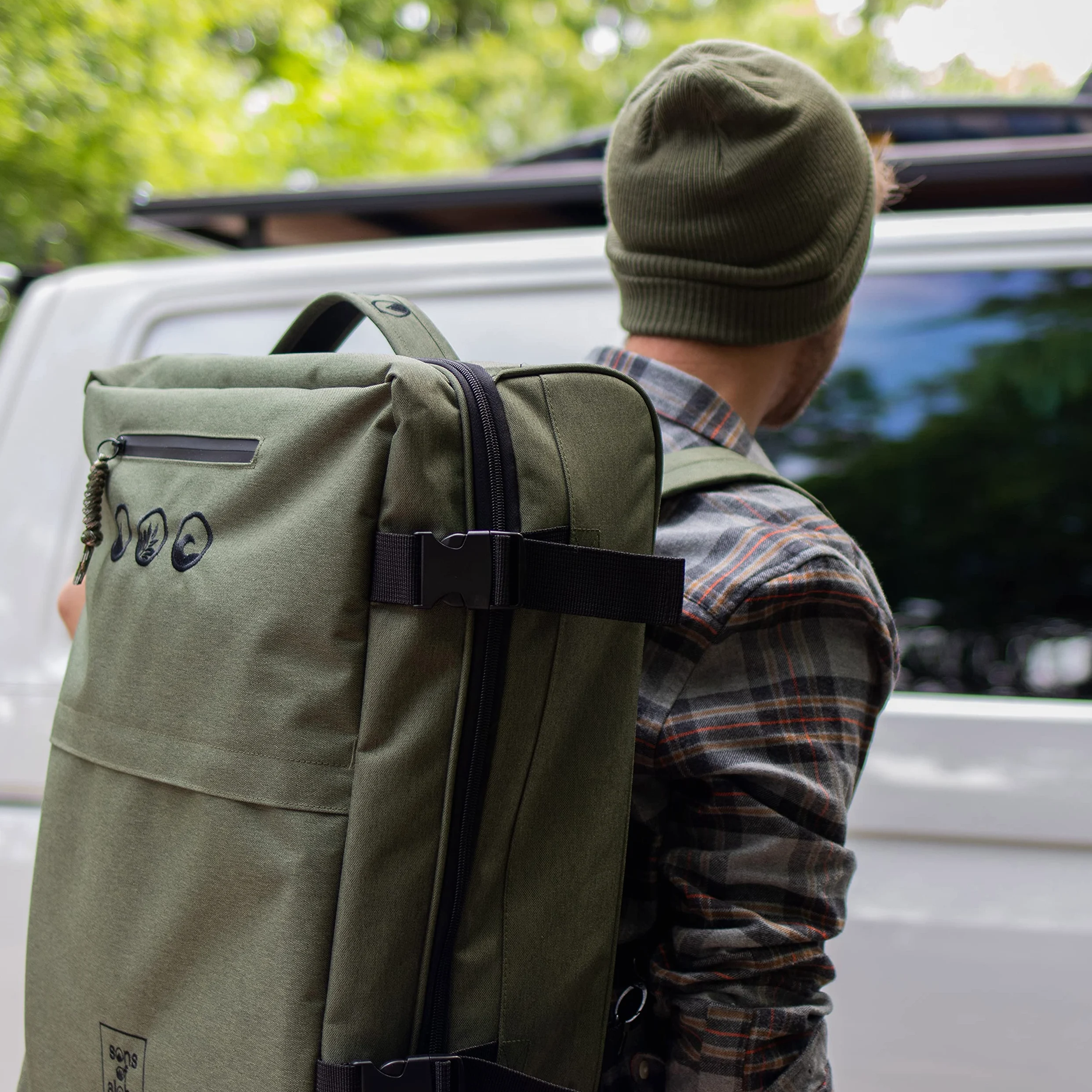 Mochila para mochileros con ruedas 3 en 1 – Maleta de mano Kane Hybrid Backpack-Boardgepäck con ruedas, 55 x 40 x 20 cm - impermeable reciclado PET, verde oliva, small, Carrito para tabla