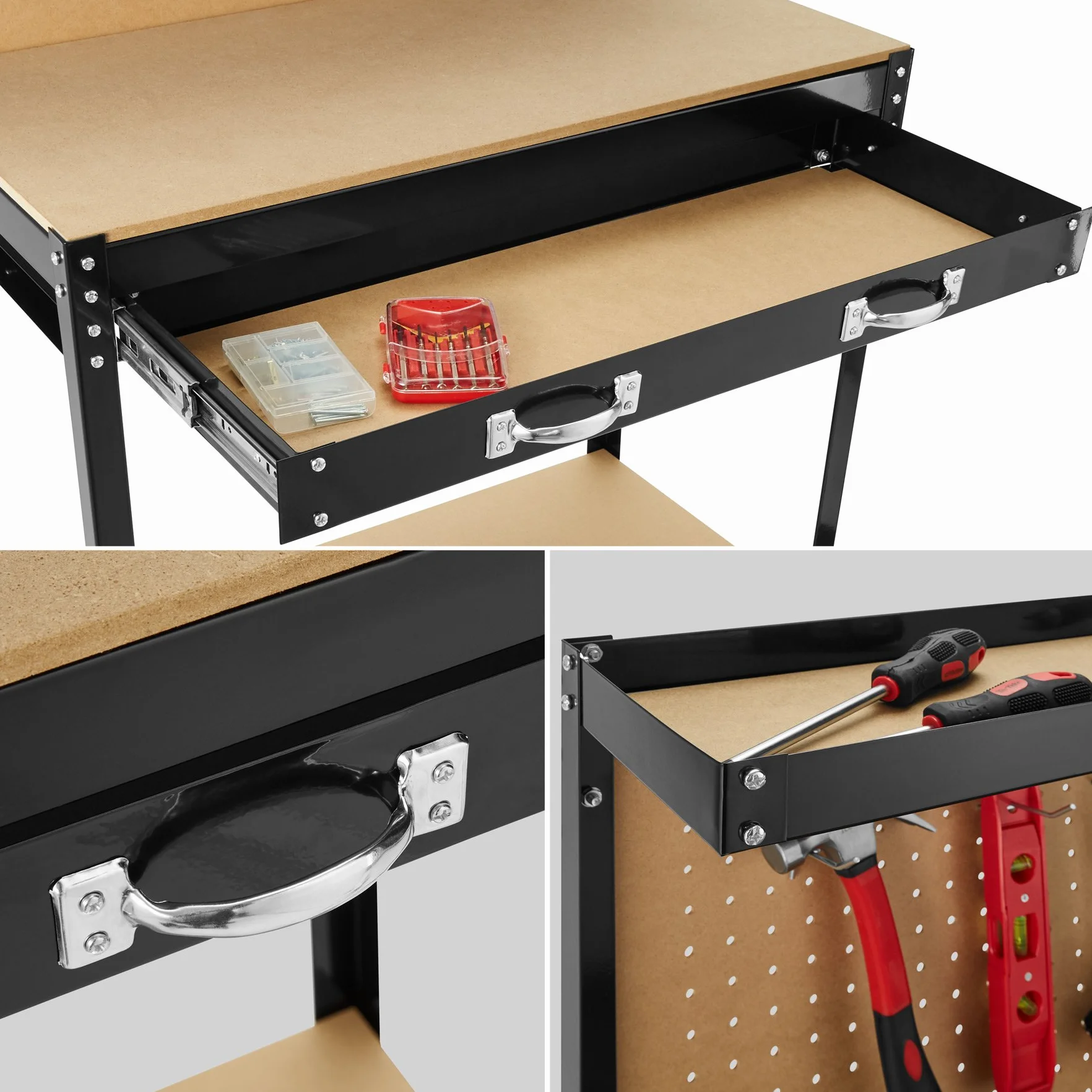 Tectake Banco de Trabajo Taller 81x41x145 cm con 12 Ganchos Panel Herramientas Cajón Grande