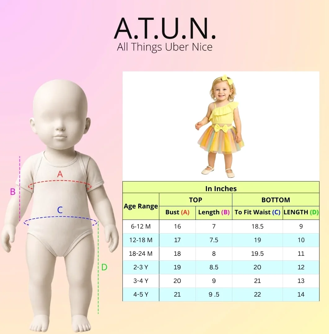 A.T.U.N. (ALL THINGS UBER NICE) Top corto con estampado asimétrico para bebé niña con falda de tutú acampanada y diadema a juego | Elegante conjunto de 3 piezas para niños