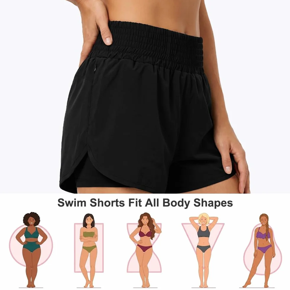 Aolso Shorts de Natación Mujer, Bikini Verano Short Pantalones Cortos, Shorts de Playa Secado Rapido con Bolsillos y Control de Abdomen para Playa Surf Vacaciones Deportes Acuáticos y Exterior-M/L