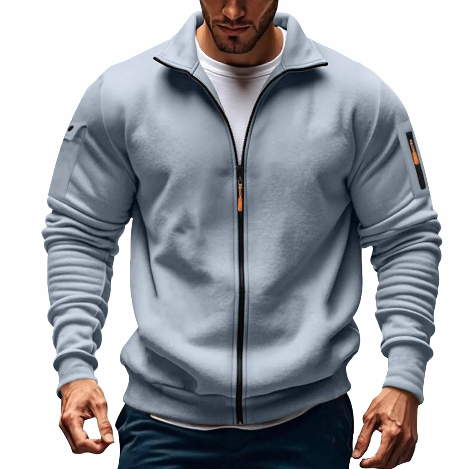 Generico Sudadera con Cremallera Hombre Sin Capucha Invierno Casual Chaqueta Deportiva Militar Sudaderas con Cremallera Ligera Manga Larga Sweatshirt con Bolsillos Vintage Trekking Chaqueta de Trabajo