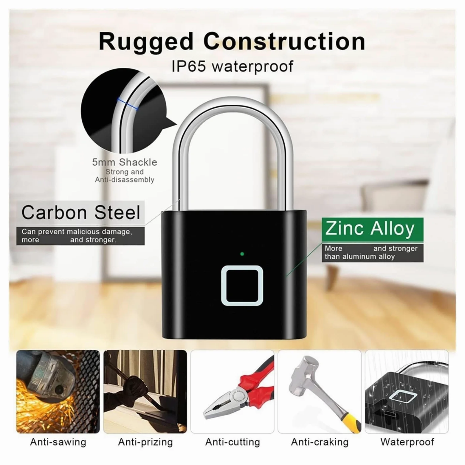 Candado sin llave con huella dactilar, La aplicación biométrica de la aleación del cinc del candado elegante recargable de la huella dactilar del USB desbloquea IP65 multicolor(Matte Black)