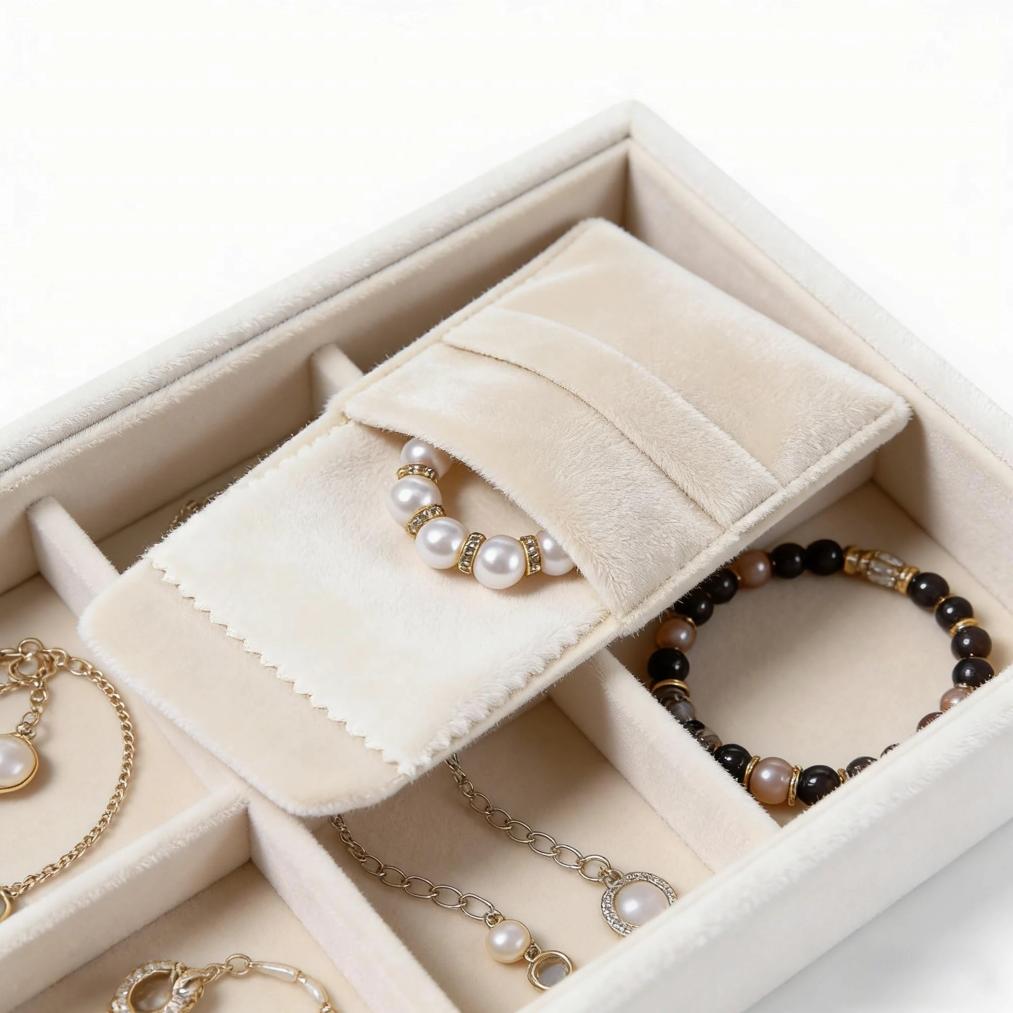 Paquete de 120 bolsas de microfibra para joyas de 8 x 8 cm con correa fija, bolsas de regalo suaves de lujo para anillos, aretes, collares, almacenamiento y embalaje elegantes, color beige