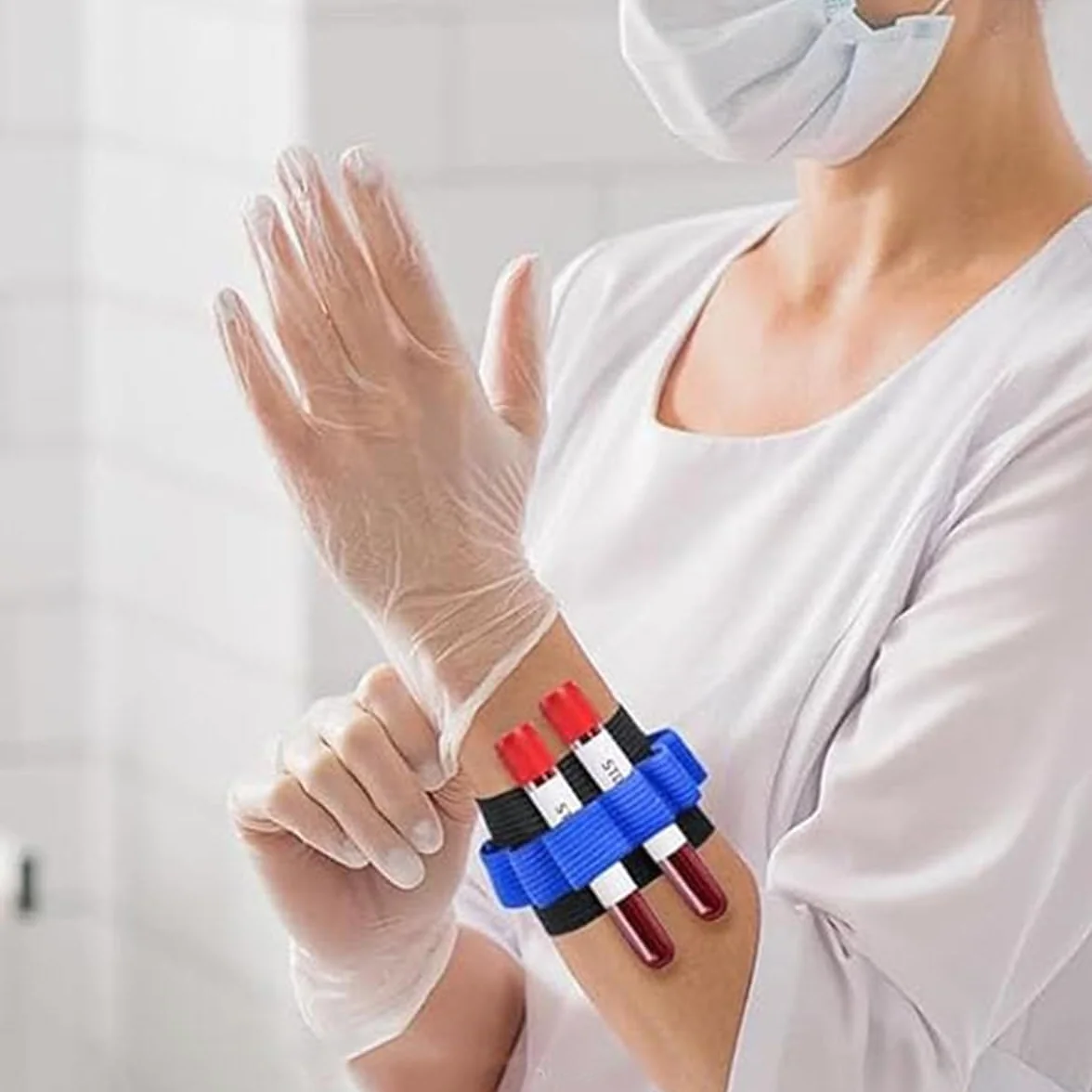 Soporte de tubo de extracción de sangre, muñequeras para flebotomía, capacidad 8 tubos, negro y azul