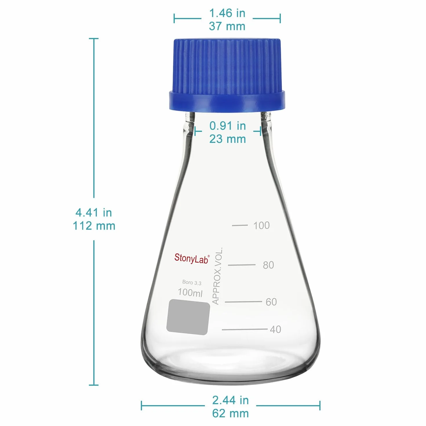 Matraz Erlenmeyer con Tapa de Rosca Azul, Vidrio Borosilicato Graduado para Laboratorio 100 ml