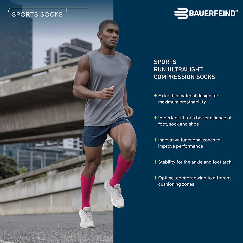 BAUERFEIND Run Ultralight Compression Socks - Calcetines deportivos para mujer, 1 par de calcetines de compresión delgados para correr y hacer ejercicio, Azul Laguna, 41
