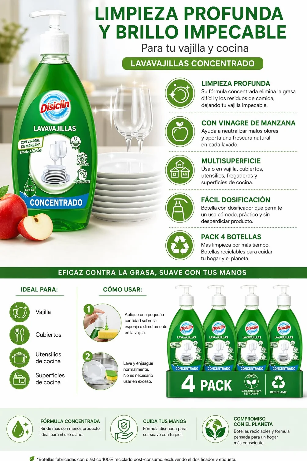 Lavavajillas Concentrado Disiclin con Vinagre de Manzana, Pack 4 Botellas, Detergente Líquido para Platos
