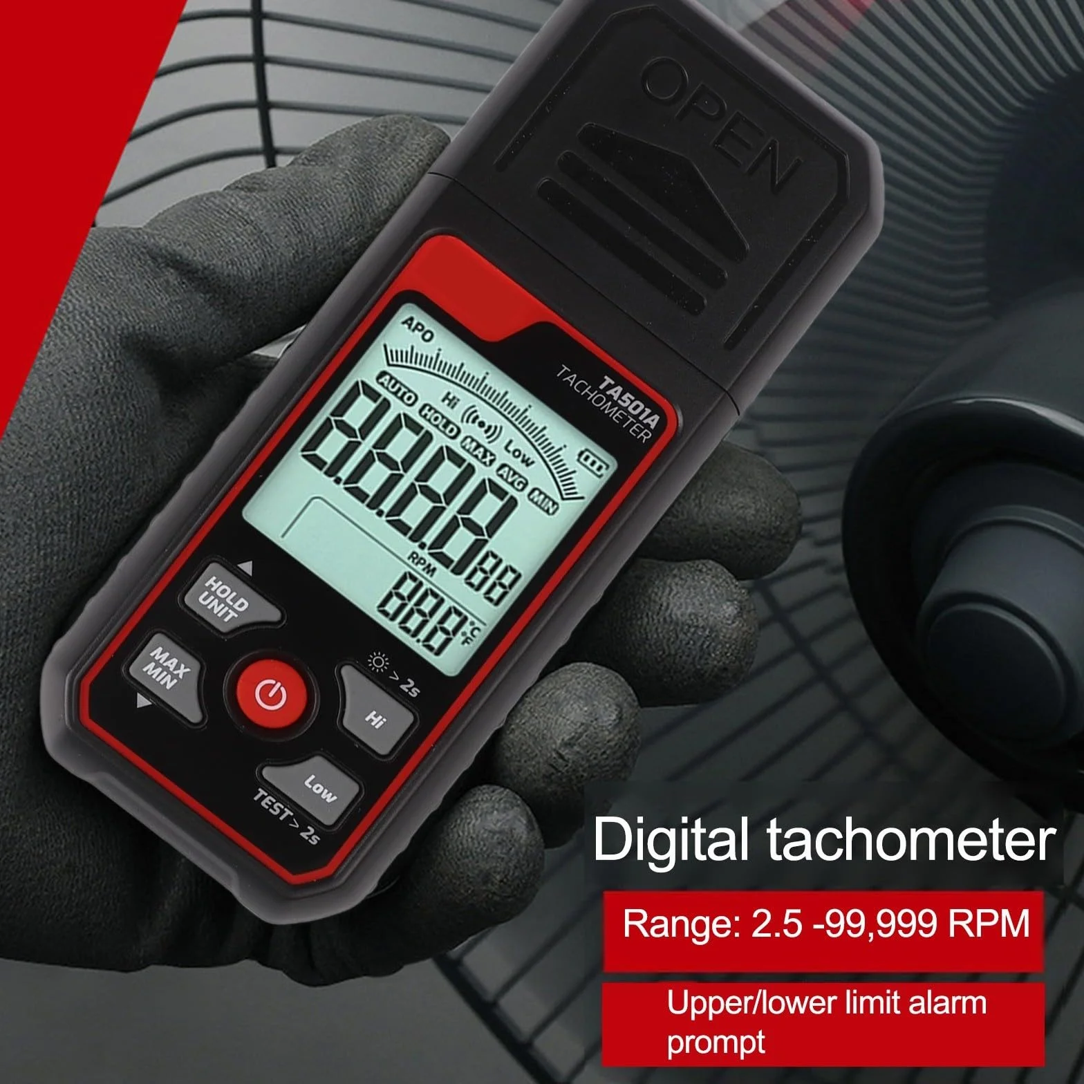 Tacómetro digital TA501A medidor de RPM fotoeléctrico sin contacto 25-99999RPM retroiluminación LCD bloqueo de datos máx/mín/prom alarma motor ventilador prueba