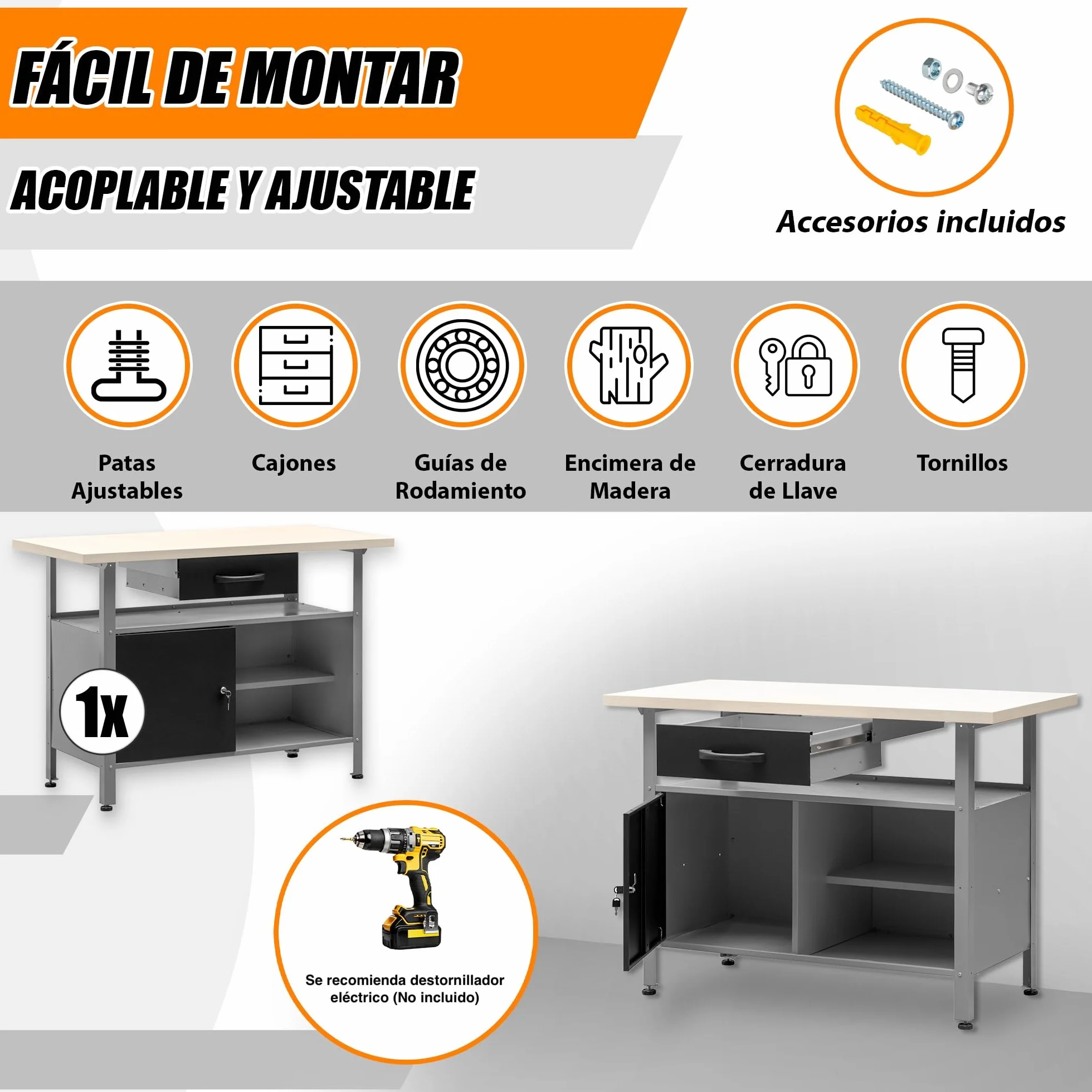 METALLMOBELL Banco de Trabajo Profesional 120x60x84cm Cajón Armario con Llave MB007