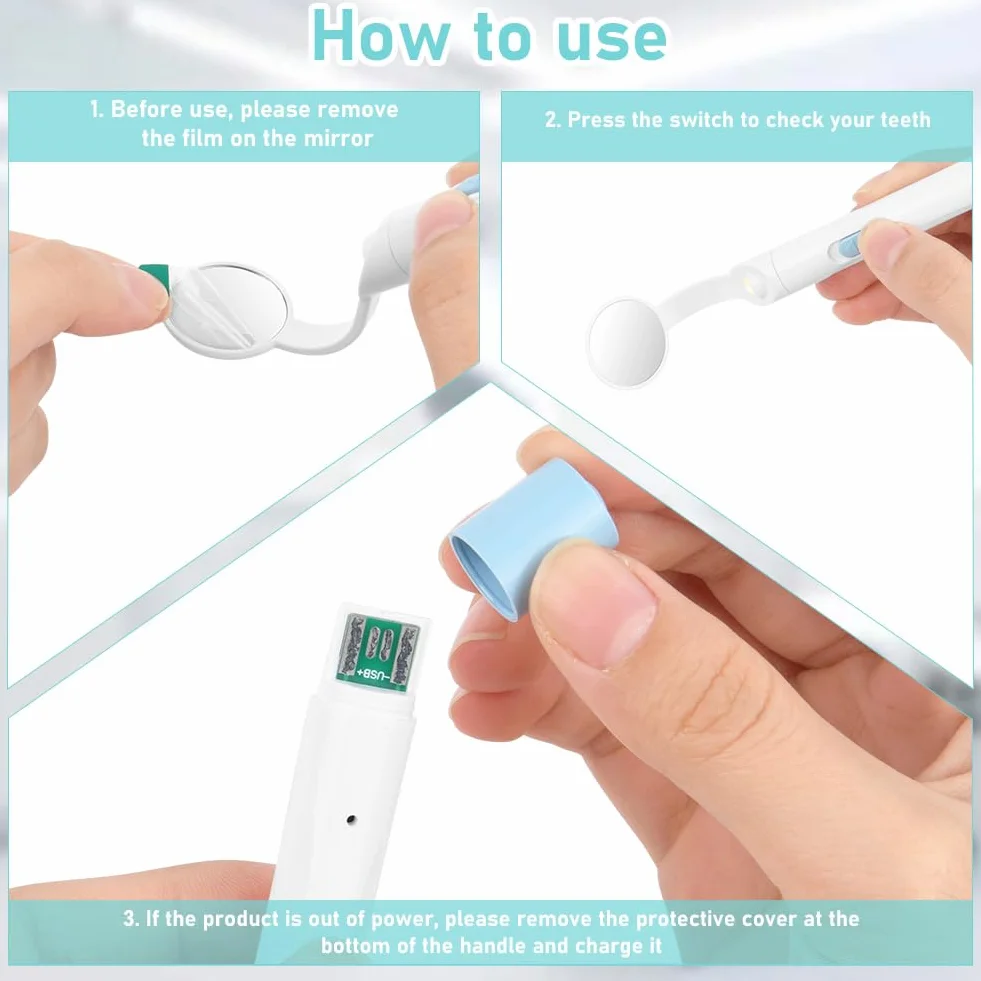 Flintronic Espejo Dental con Luz LED Recargable, 1 Pieza, Antivaho, Carga USB, 2 Modos de Luz, Azul