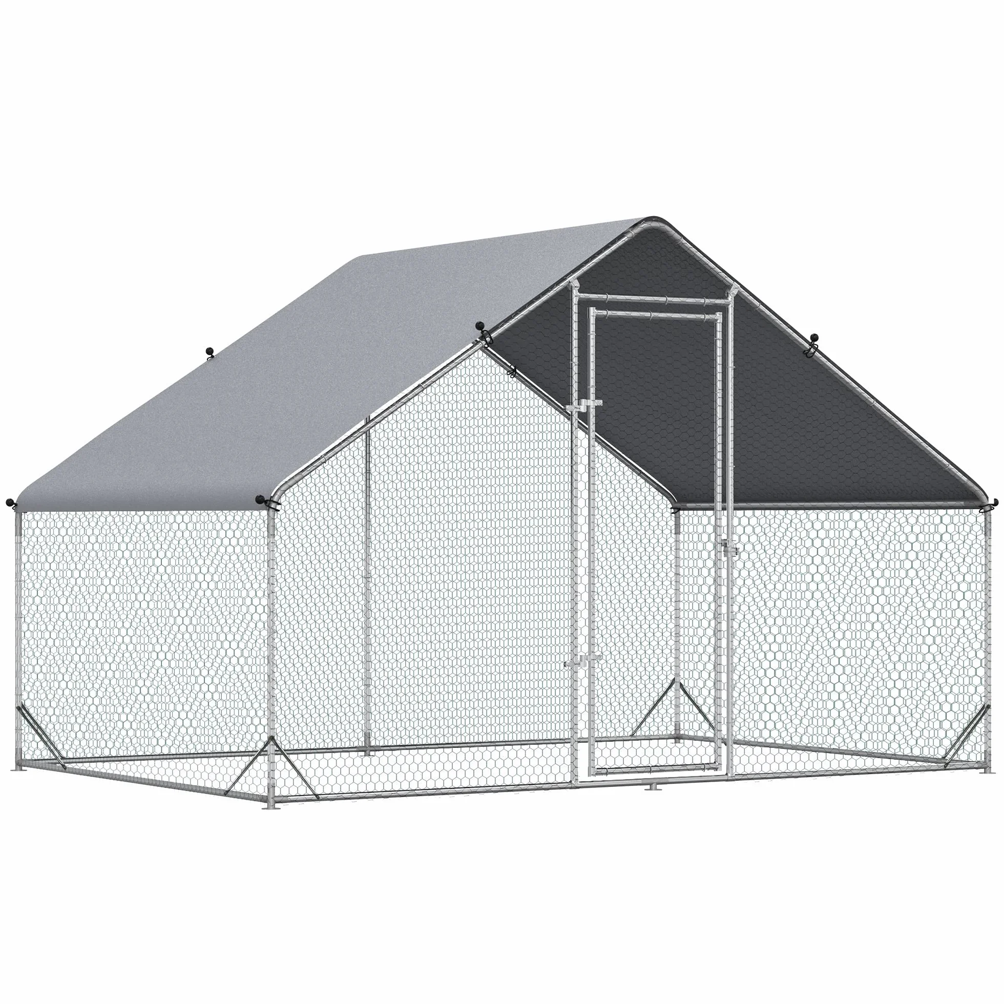 PawHut Gallinero Exterior Grande 3x2x2 m Jaula 4-6 Gallinas Acero Galvanizado Cubierta PE Cerradura Plata