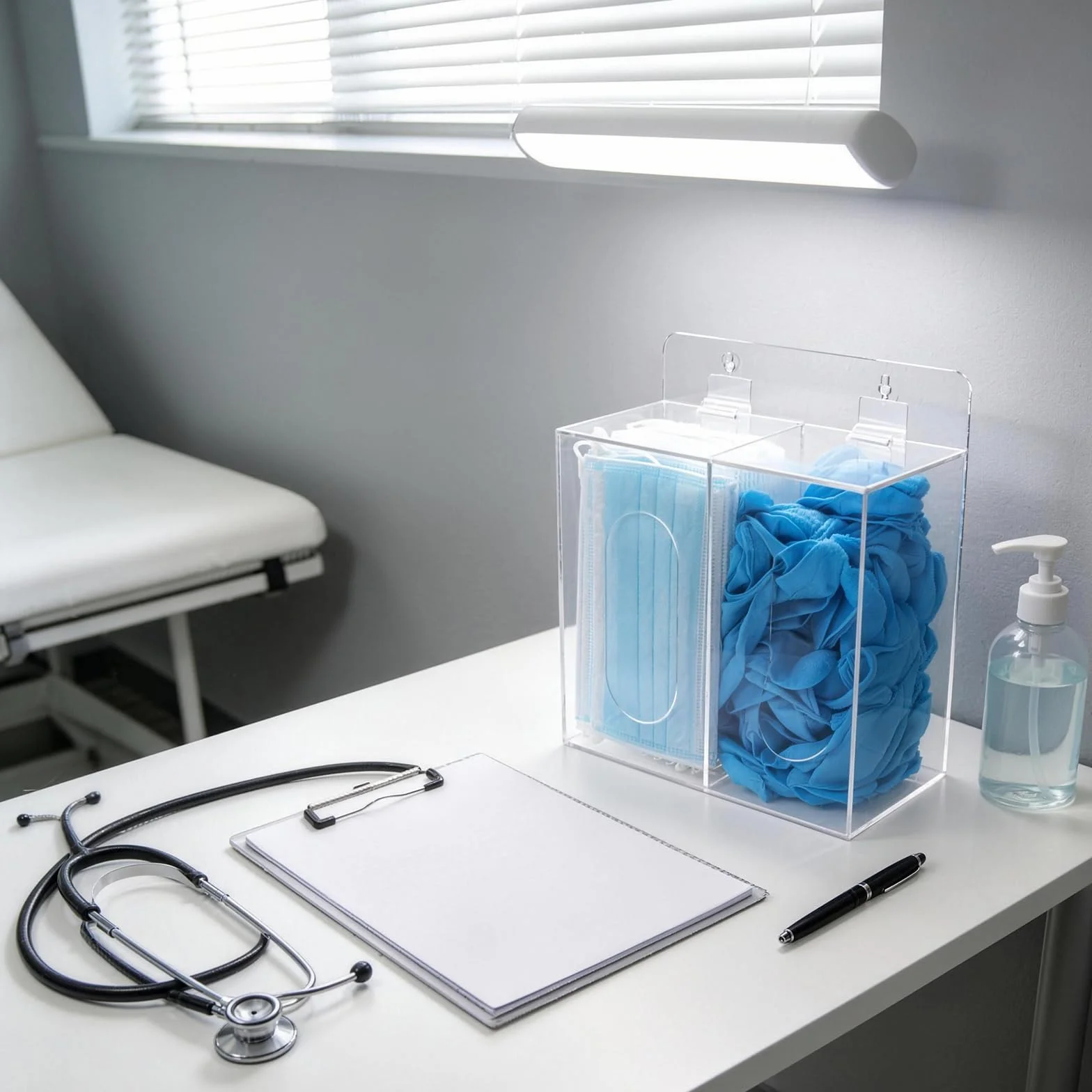 Dispensador de máscara facial y guante de acrílico desechable con tapa, colgable y de pie, transparente