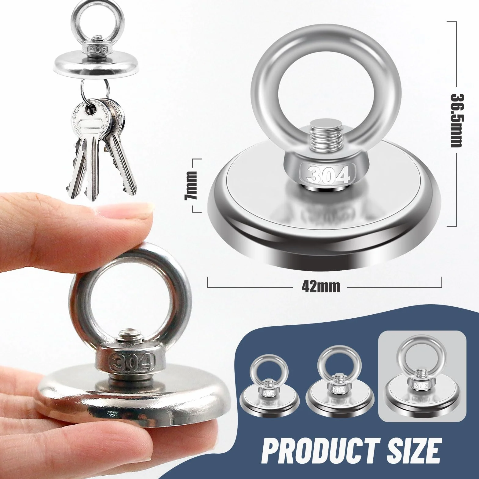 Imanes Neodimio Potentes Redondo 42mm 65Kg Fuerza Tracción Perno Ojo Elevación 2 Piezas