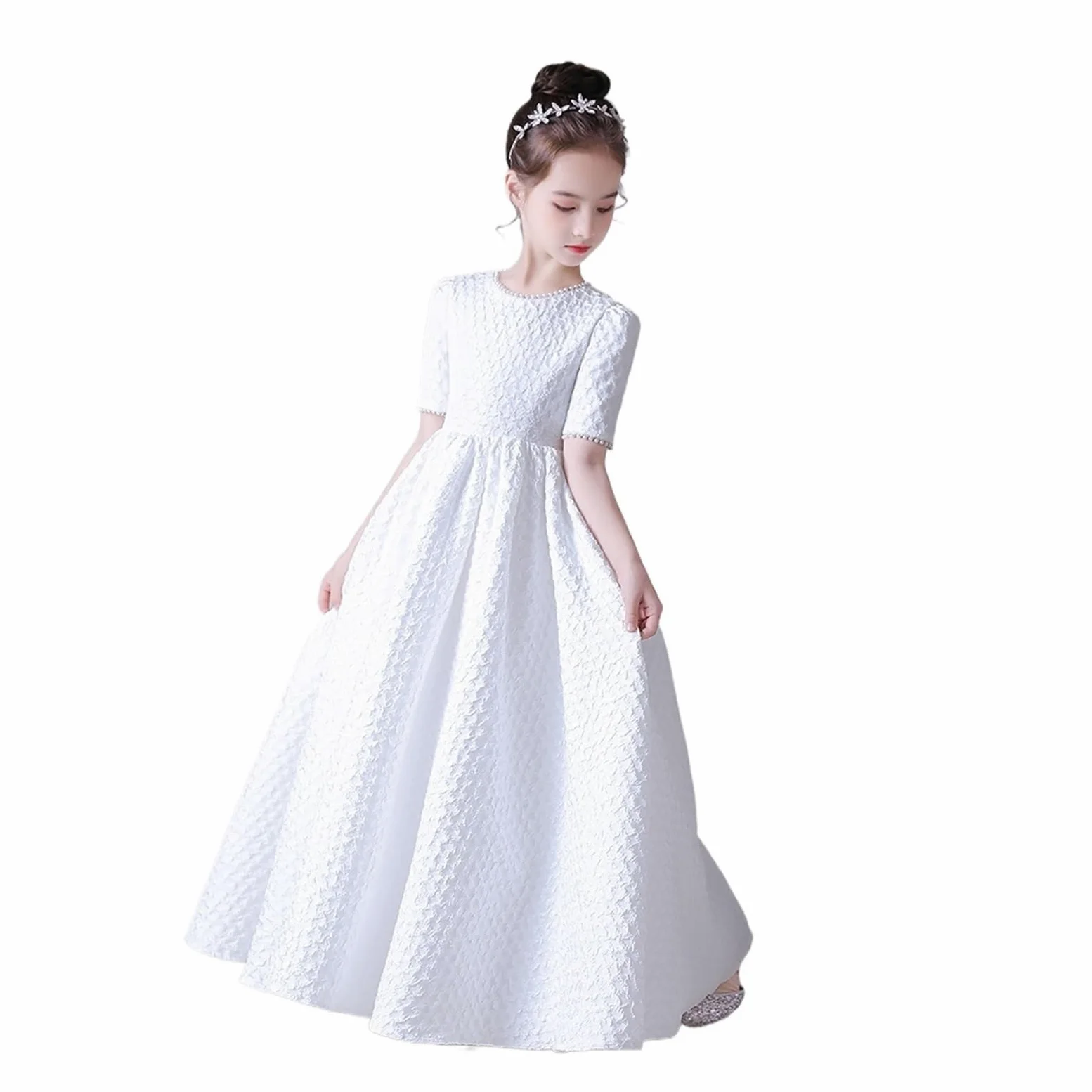 Falda abombada Blanca, Elegante Vestido de Flores for niñas, for Fiesta de Boda, Manga Corta, Concierto, Vestido de Dama de Honor Junior para Bodas(6)
