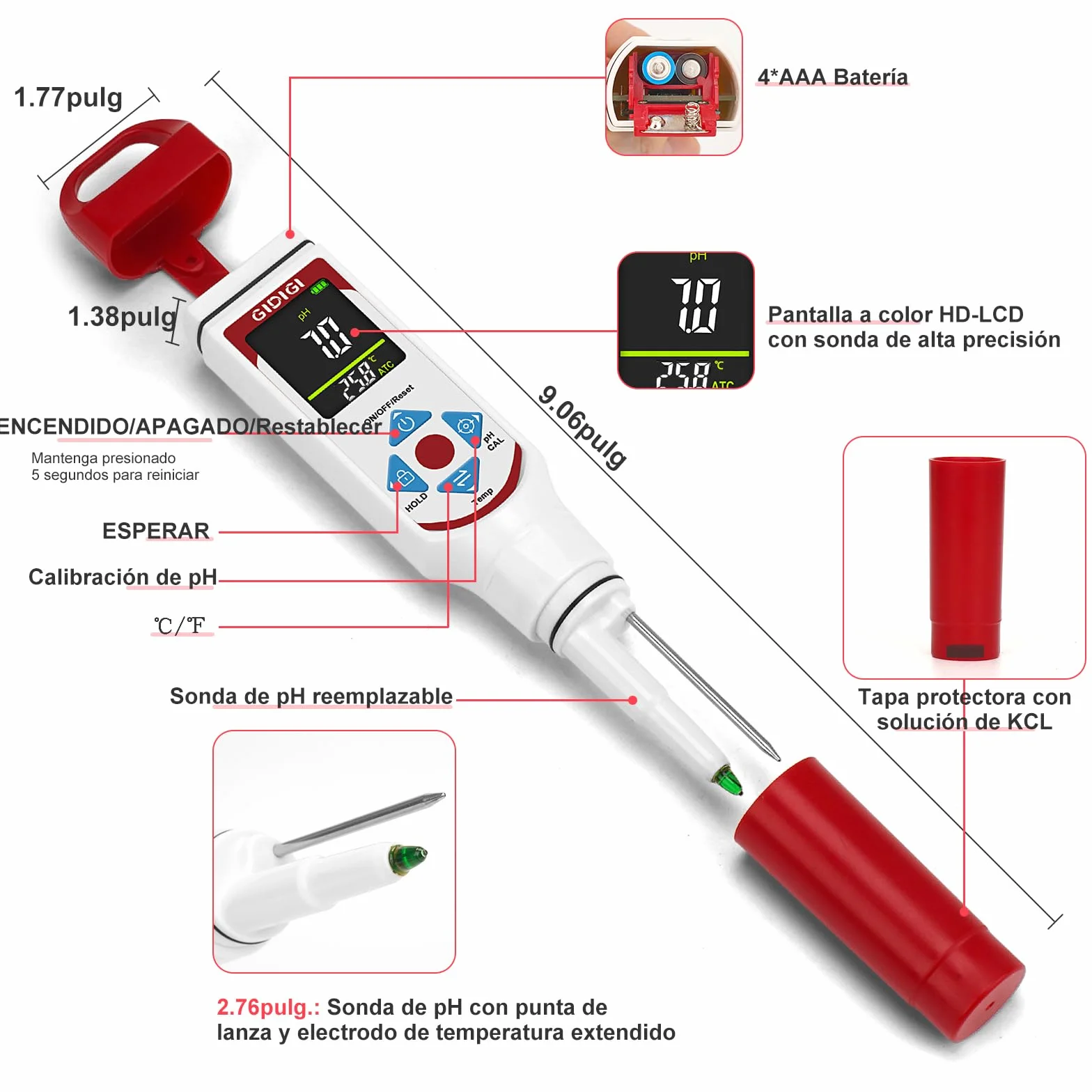 Phmetro Alimentos Medidor pH Digital con Sonda Punta de Lanza para Masa Madre Fermentación Salsas Calientes Vino