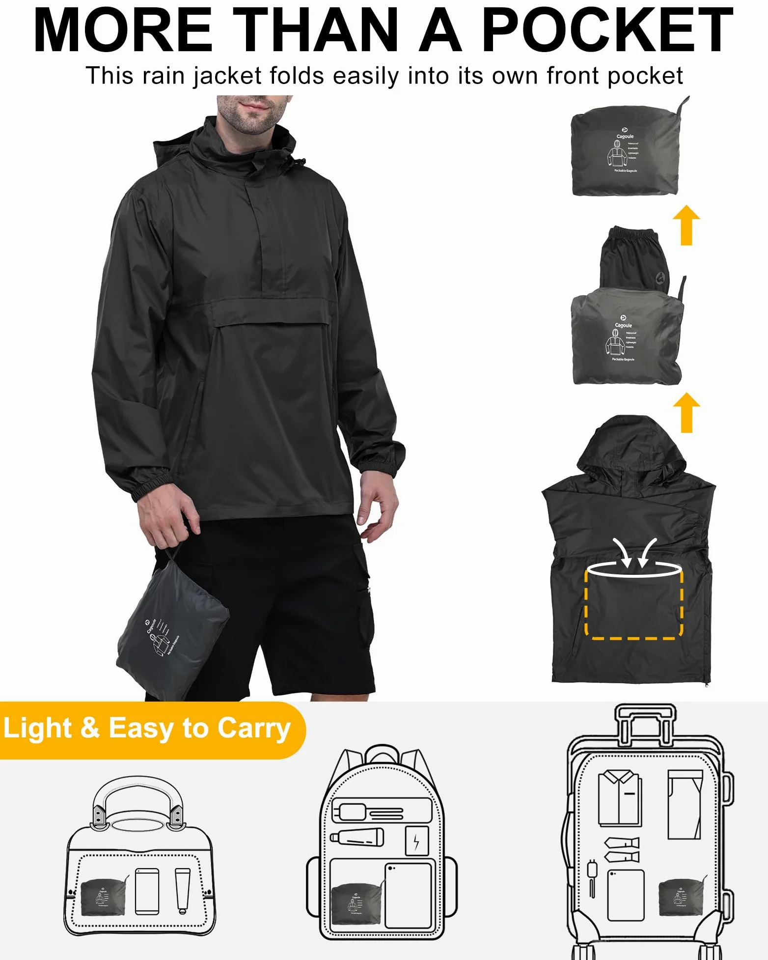 Outdoor Ventures Chubasquero para hombre suéter impermeable con capucha chaqueta reflectante plegable chaqueta ligera para bicicleta cortavientos transpirable chaqueta softshell para senderismo correr