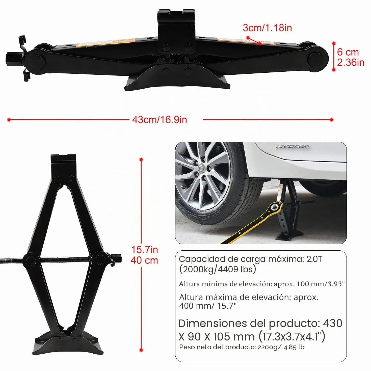 EXLECO Gato de Tijera Hidráulico 2T, Elevador de Coche Familiar con Cabezal 360° y Llave de Carraca para SUV MPV