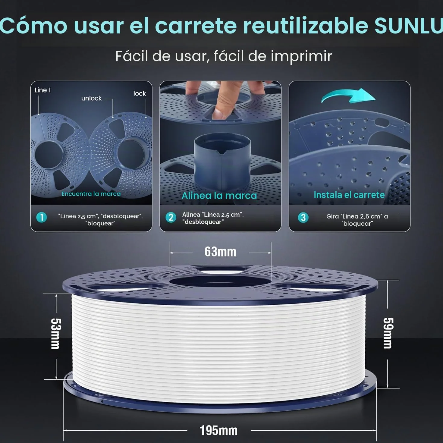 SUNLU Filamento PLA+ 1.75 mm 1KG Negro Precisión dimensional +/- 0.02mm