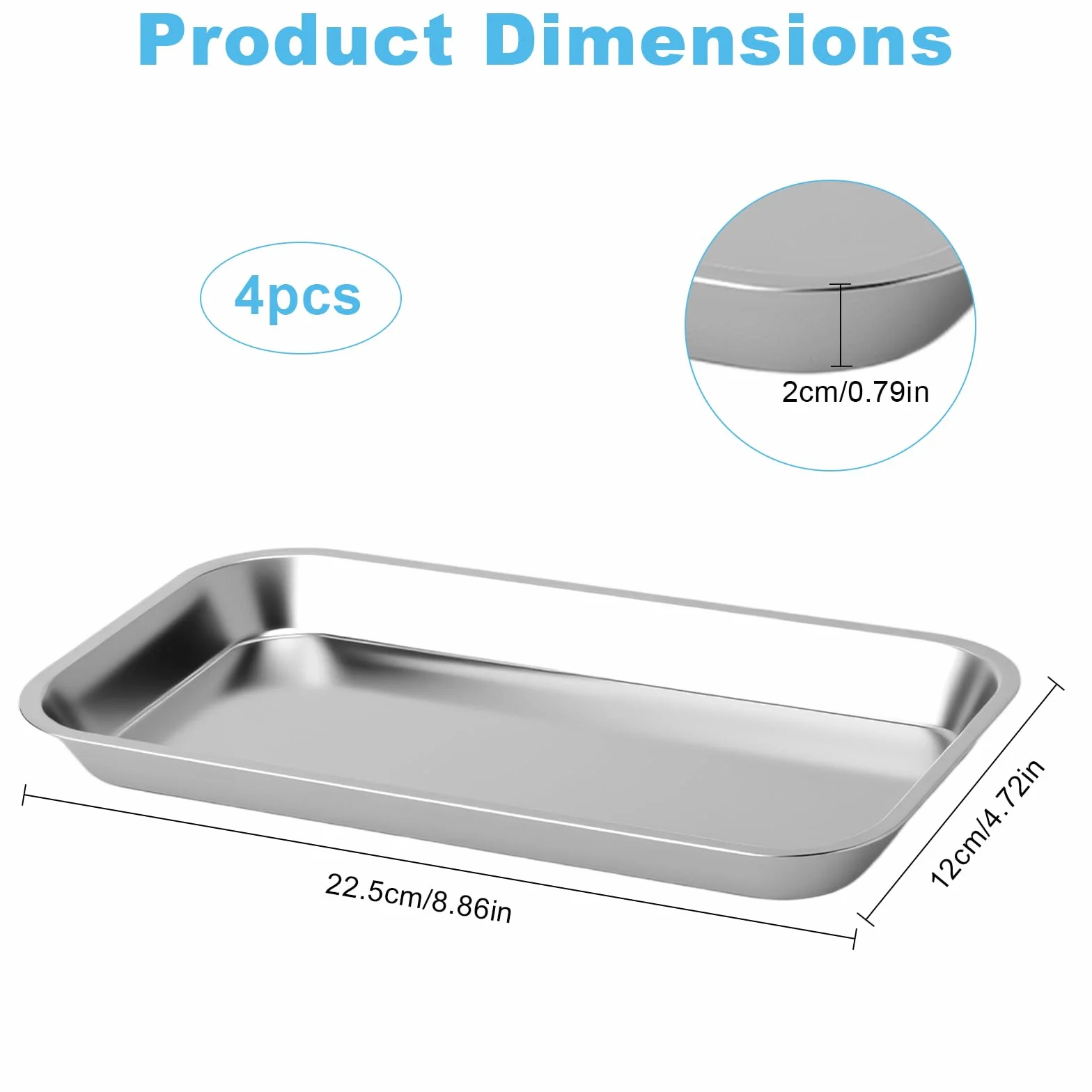 Bandeja de Acero Inoxidable Rectangular Set 4PCS para Laboratorio Clínica Dental
