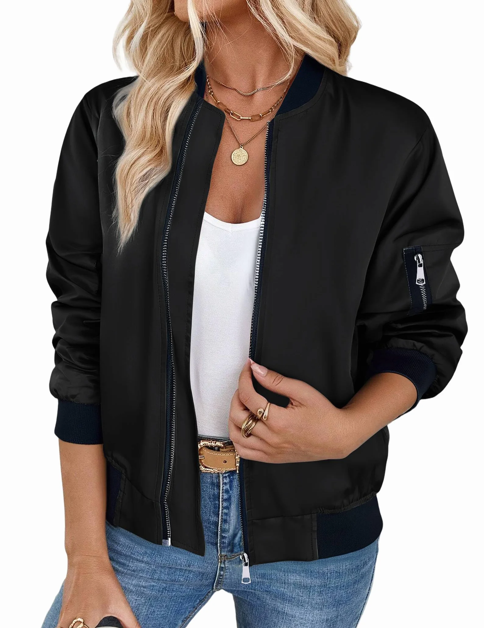 Zeagoo Chaqueta Bomber Mujer Ligera Corta Otoño Invierno Manga Larga Cremallera Cazadora Casual XS-3XL