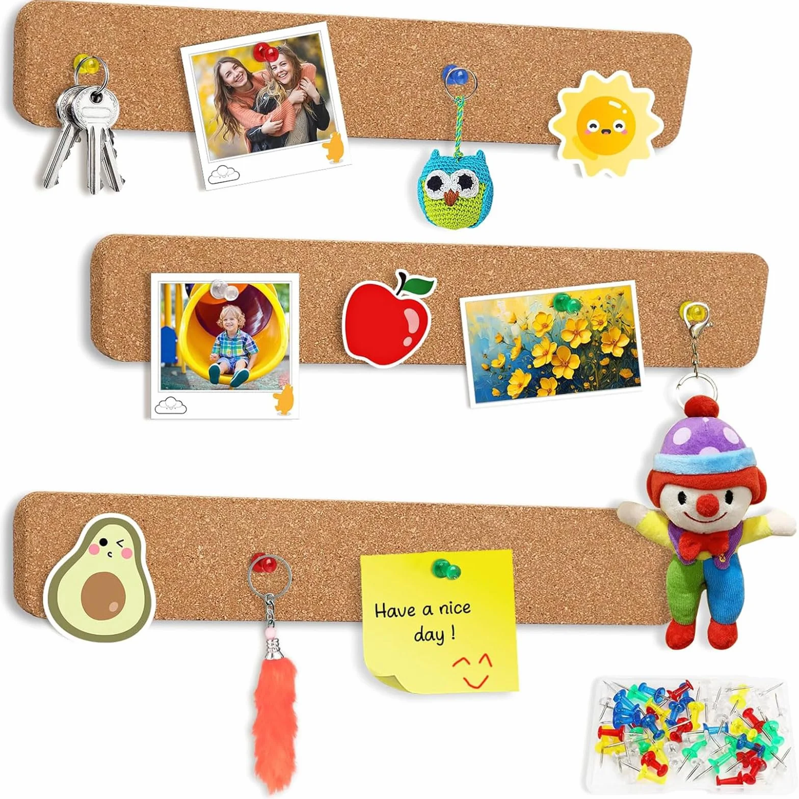 Tiras de corcho para pared autoadhesivas, 3 unidades, 3x2 pulgadas, con 50 chinchetas