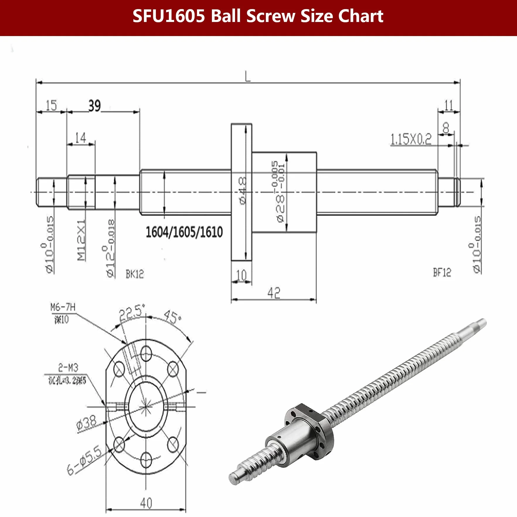 CNCMANS SFU1605 husillo de bolas 300 mm acero inoxidable guía lineal BK12 BF12