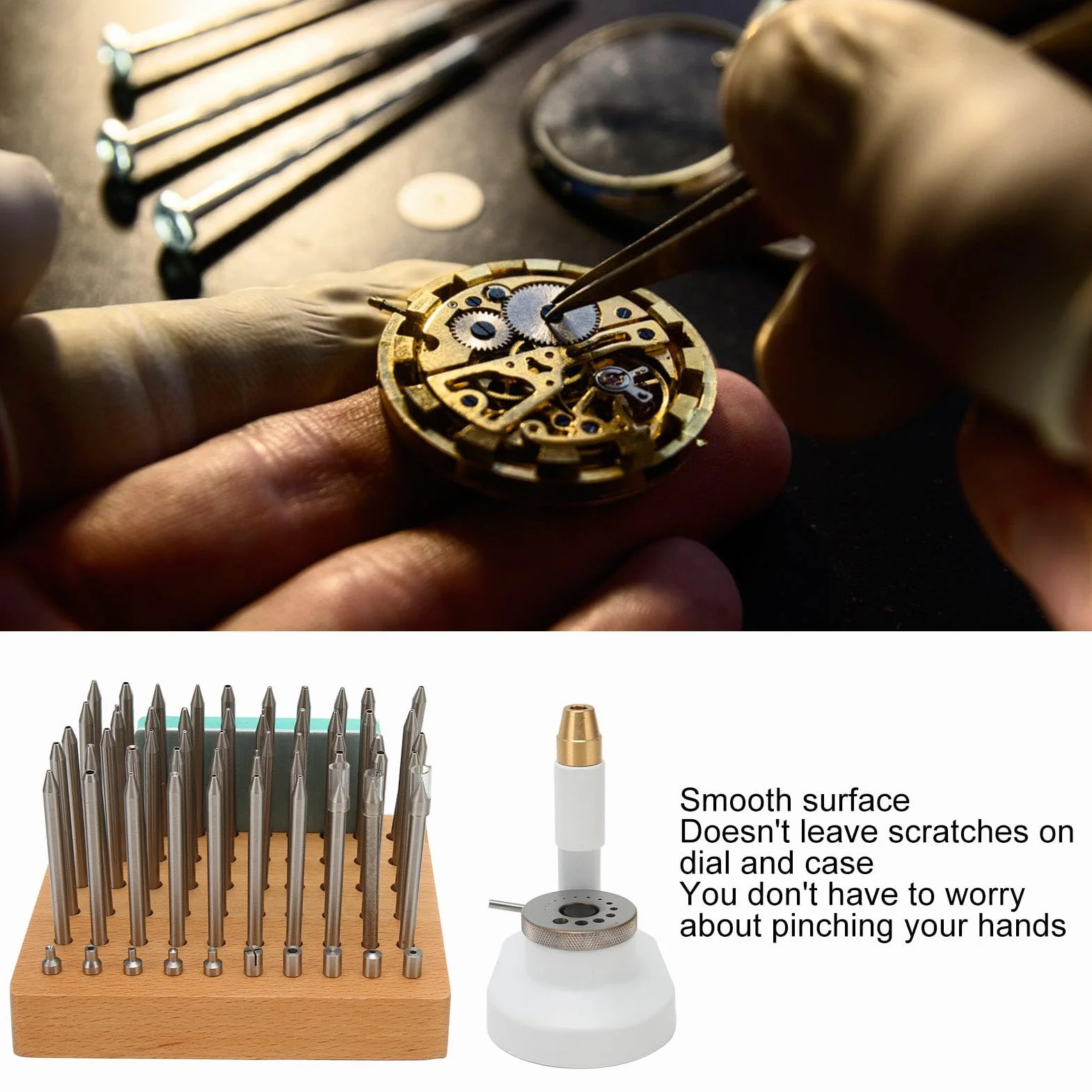 Juego de Prensa de Herramientas para Estacar Relojes para Reparaciones Profesionales de Relojes Aleación de Aluminio Ligera Resistente a la Corrosión con 50 Punzones y 10 Estacas