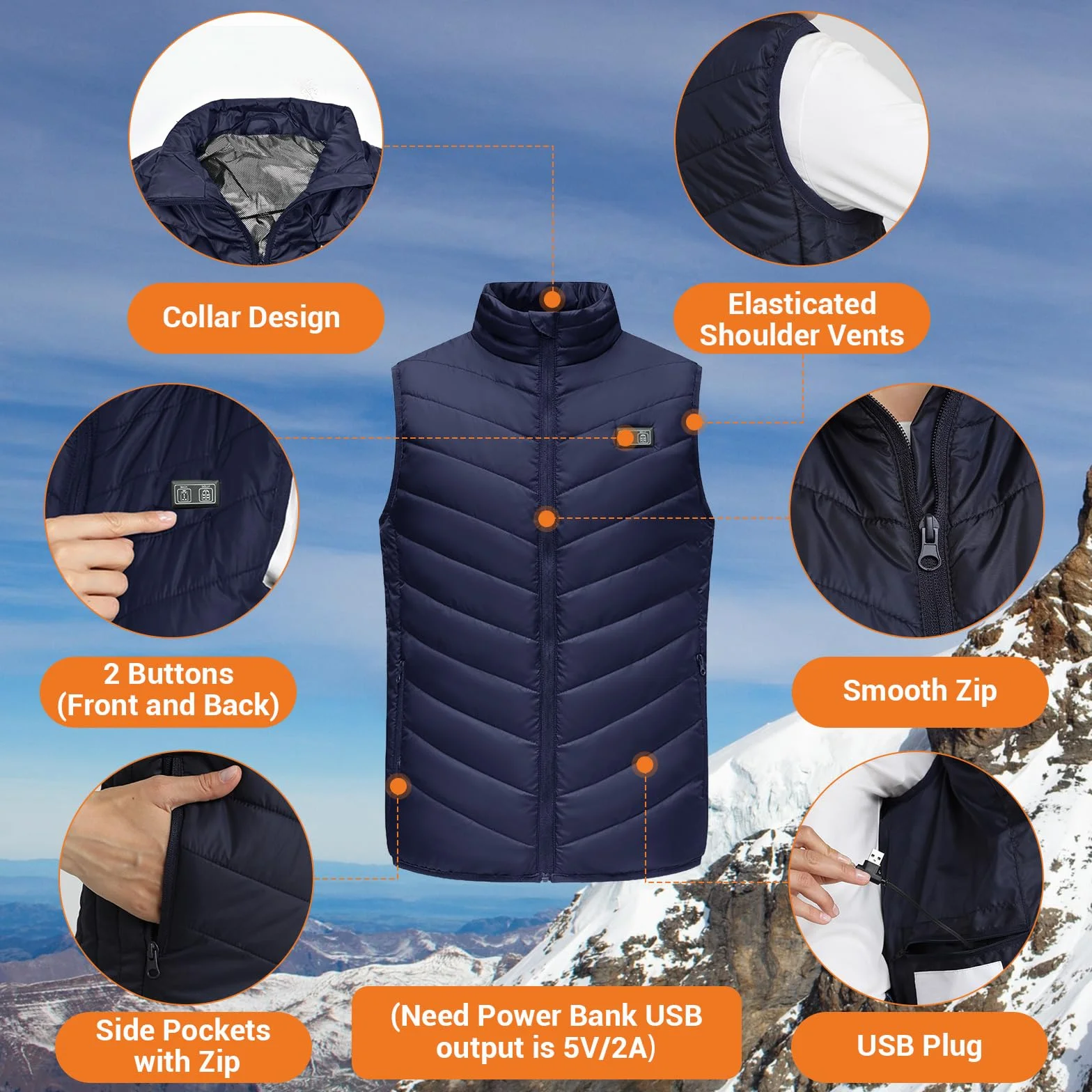 Chaleco Calefactable, Control de Temperatura de 3 Niveles con 9/13/17 Zonas de Calefacción, Carga USB, Chaqueta Térmica Lavable para Uso en Exteriores (Baterías Excluidas)