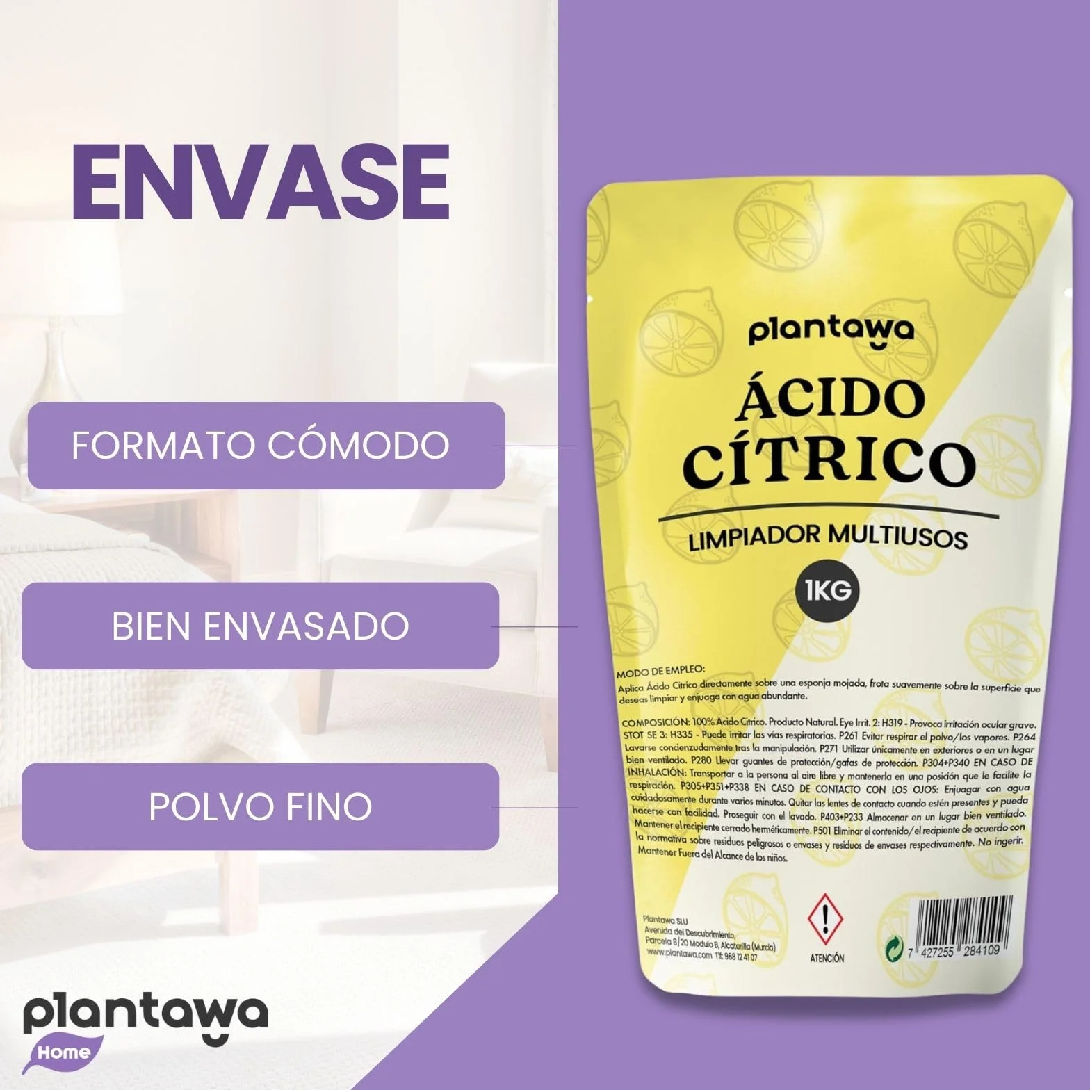 PLANTAWA Ácido Cítrico en Polvo 1 Kg Limpiador Multiusos Puro