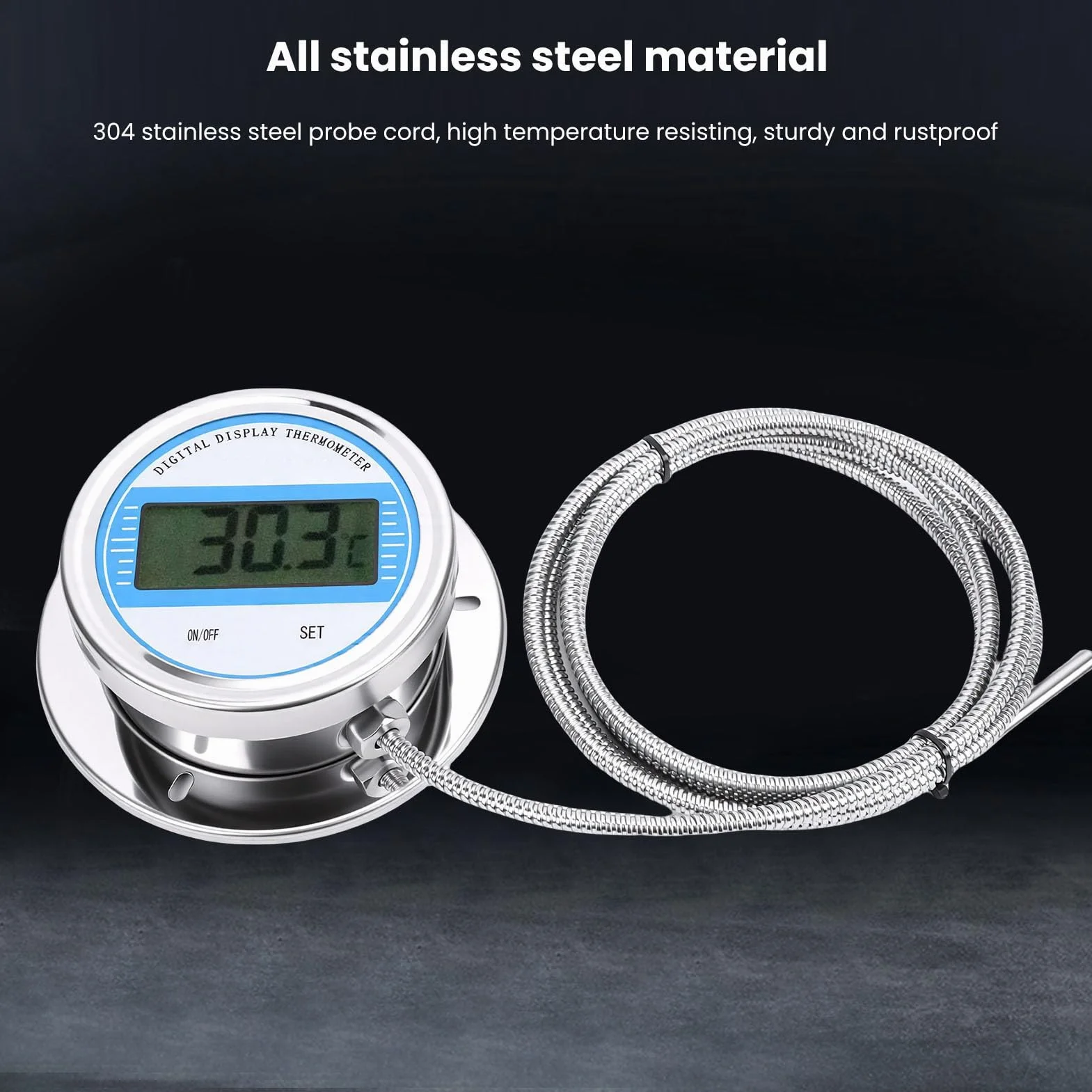 Termómetro Digital Sonda Roscada 2 M Acero Inoxidable -50 a 200 ℃ Industrial Tuberías