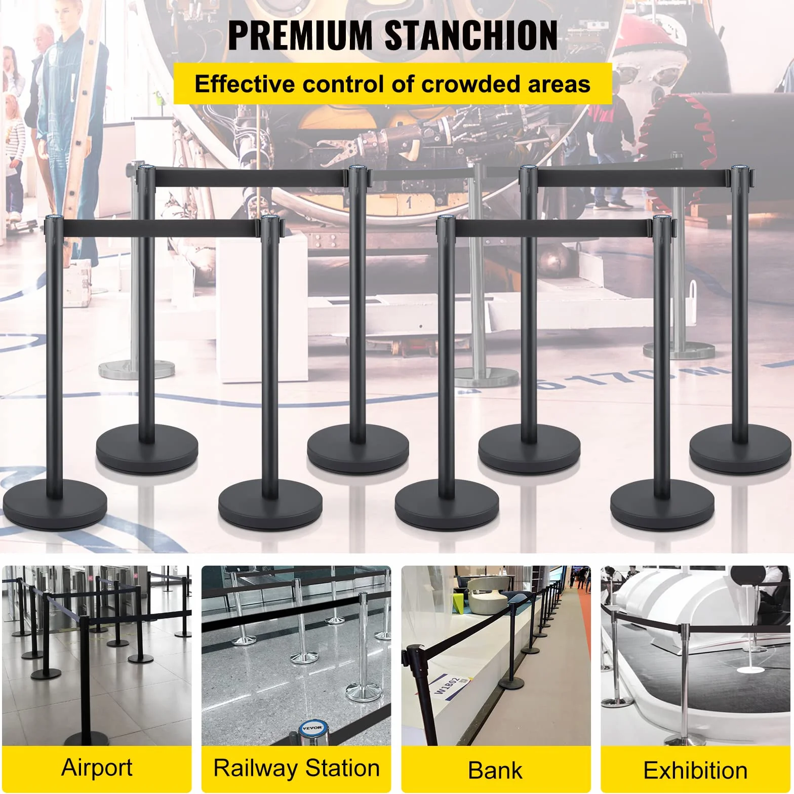 VEVOR Control de Multitudes Stanchion, Juego de 8 Piezas, Barrera con Correa Retráctil Negra de 2 m, Base de Hormigón y Metal