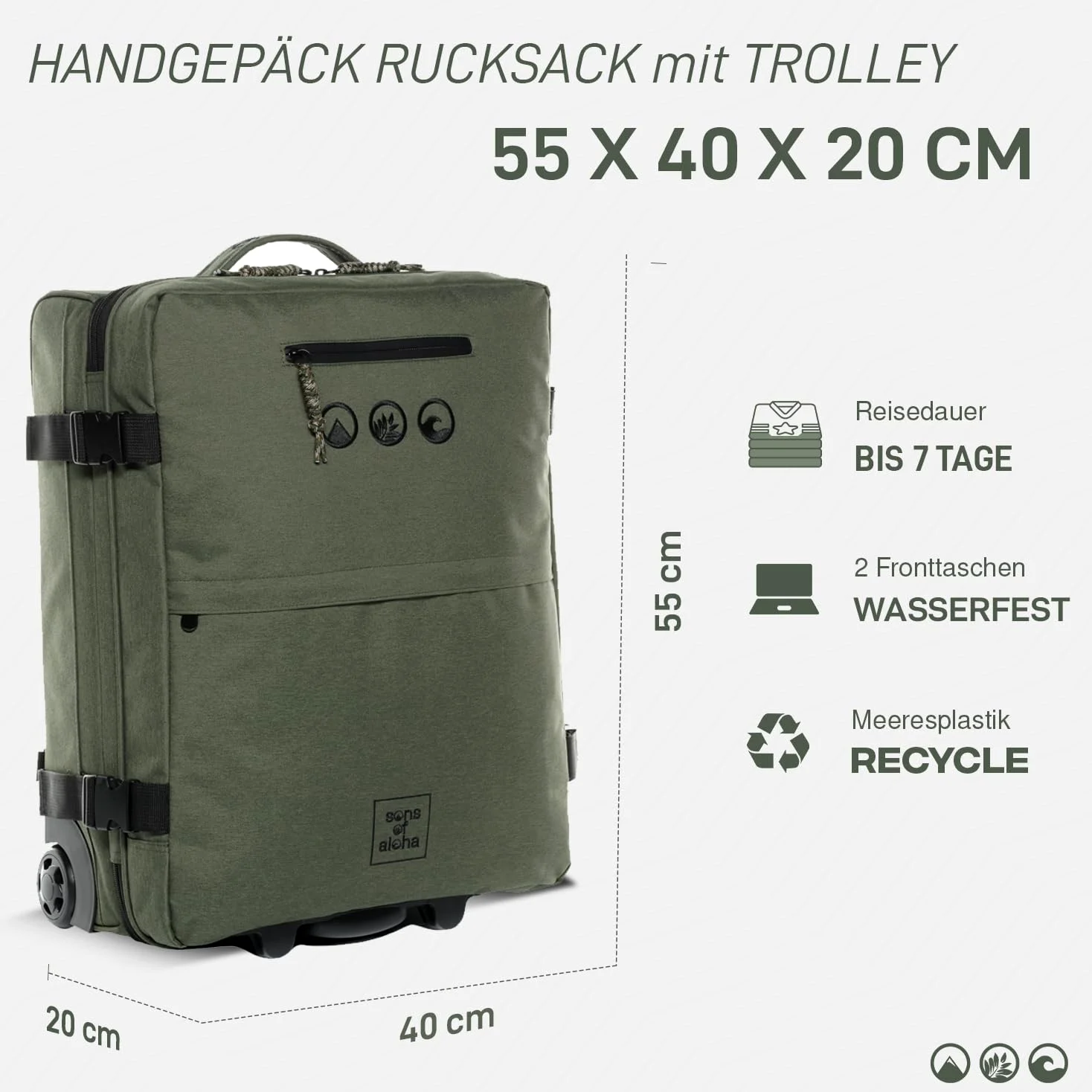 Mochila para mochileros con ruedas 3 en 1 – Maleta de mano Kane Hybrid Backpack-Boardgepäck con ruedas, 55 x 40 x 20 cm - impermeable reciclado PET, verde oliva, small, Carrito para tabla