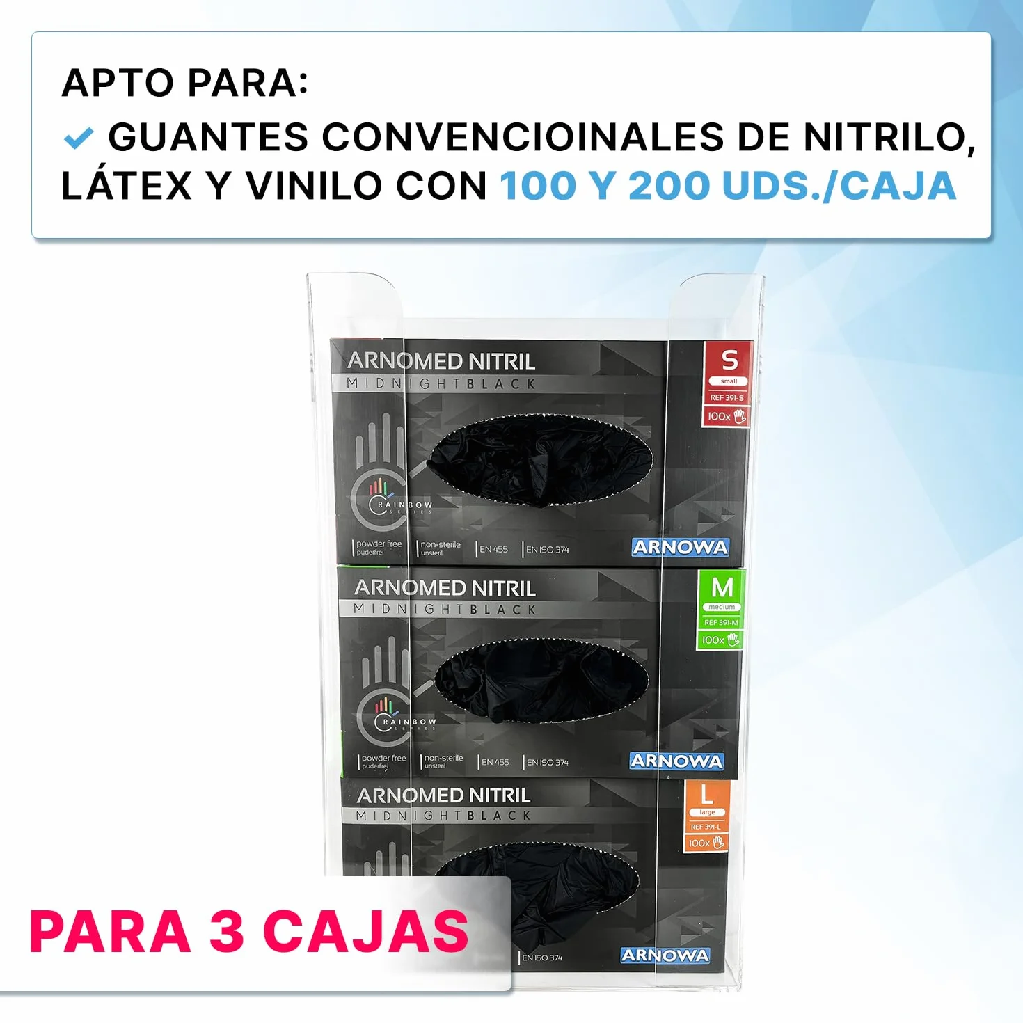 ARNOMED dispensador de guantes desechables pared acrílico 24,6x8,1x41 cm para 3 cajas nitrilo látex vinilo