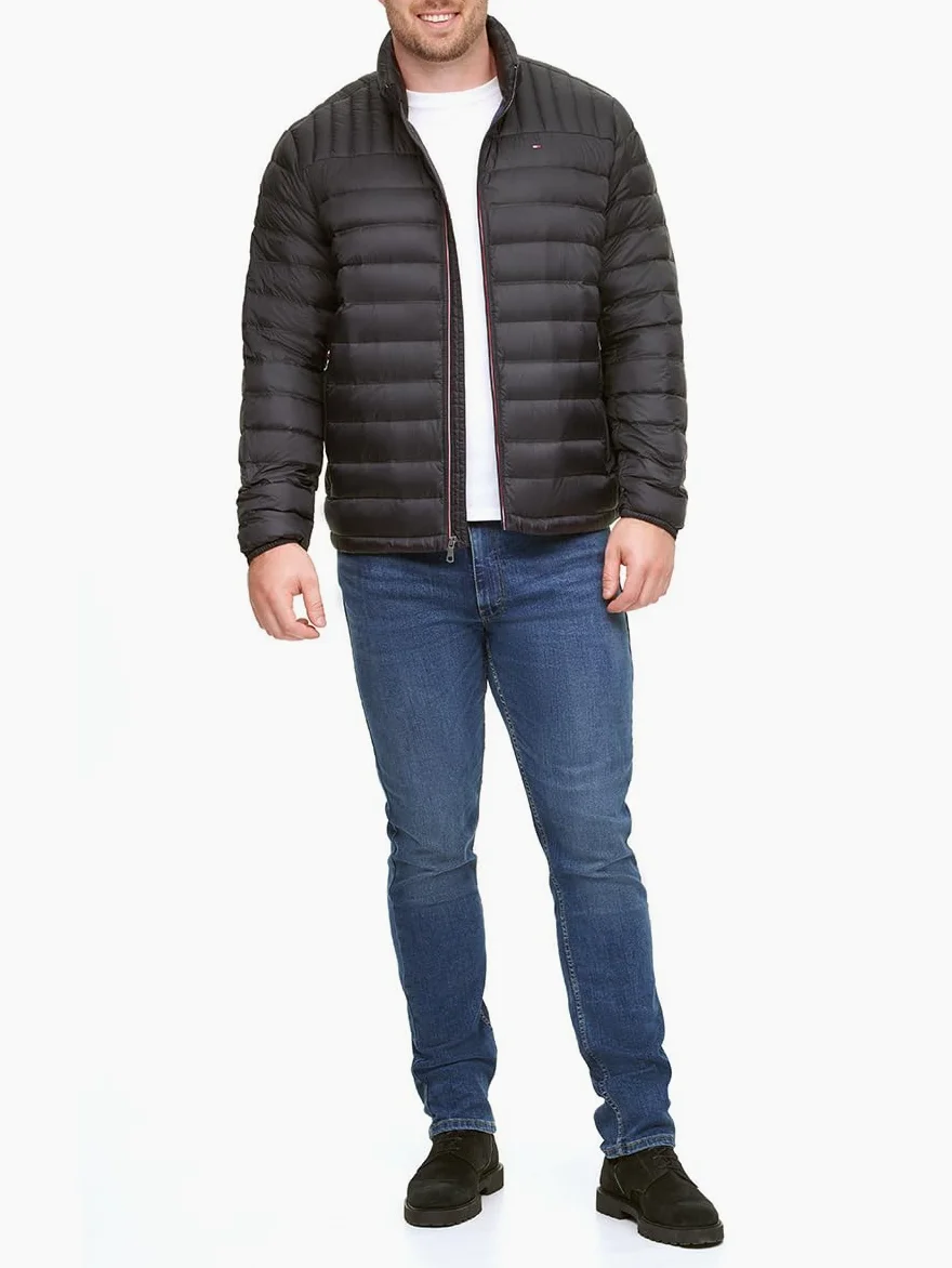 Tommy Hilfiger Chaqueta acolchada, compacta, ultra suave, abrigo de algodón alternativo, para hombre, Negro Con Escudo, L alto
