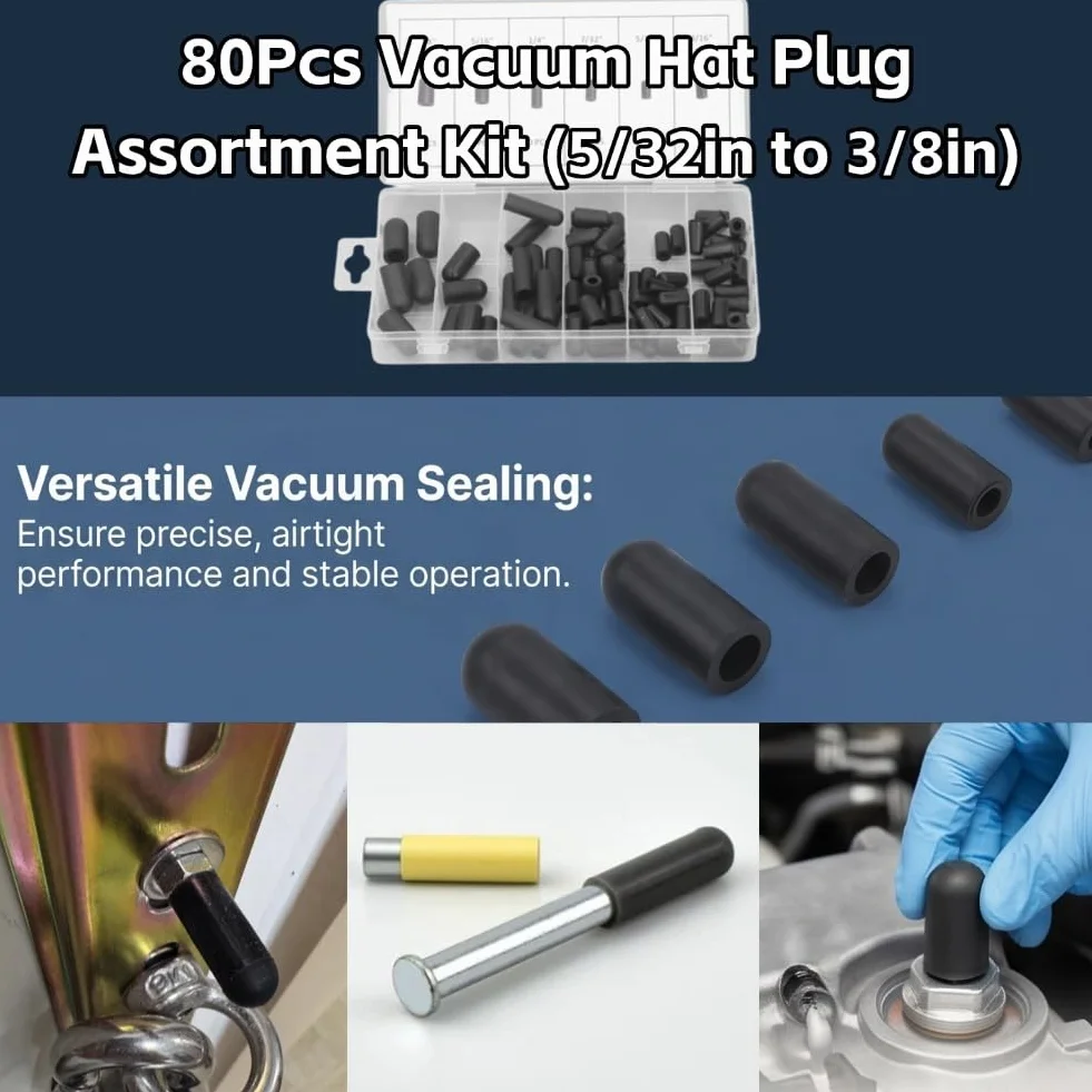 Kit de Tapones de Vacío 80 Uds., 5/32" a 3/8", Resistente a Altas Temperaturas, Goma, Negro