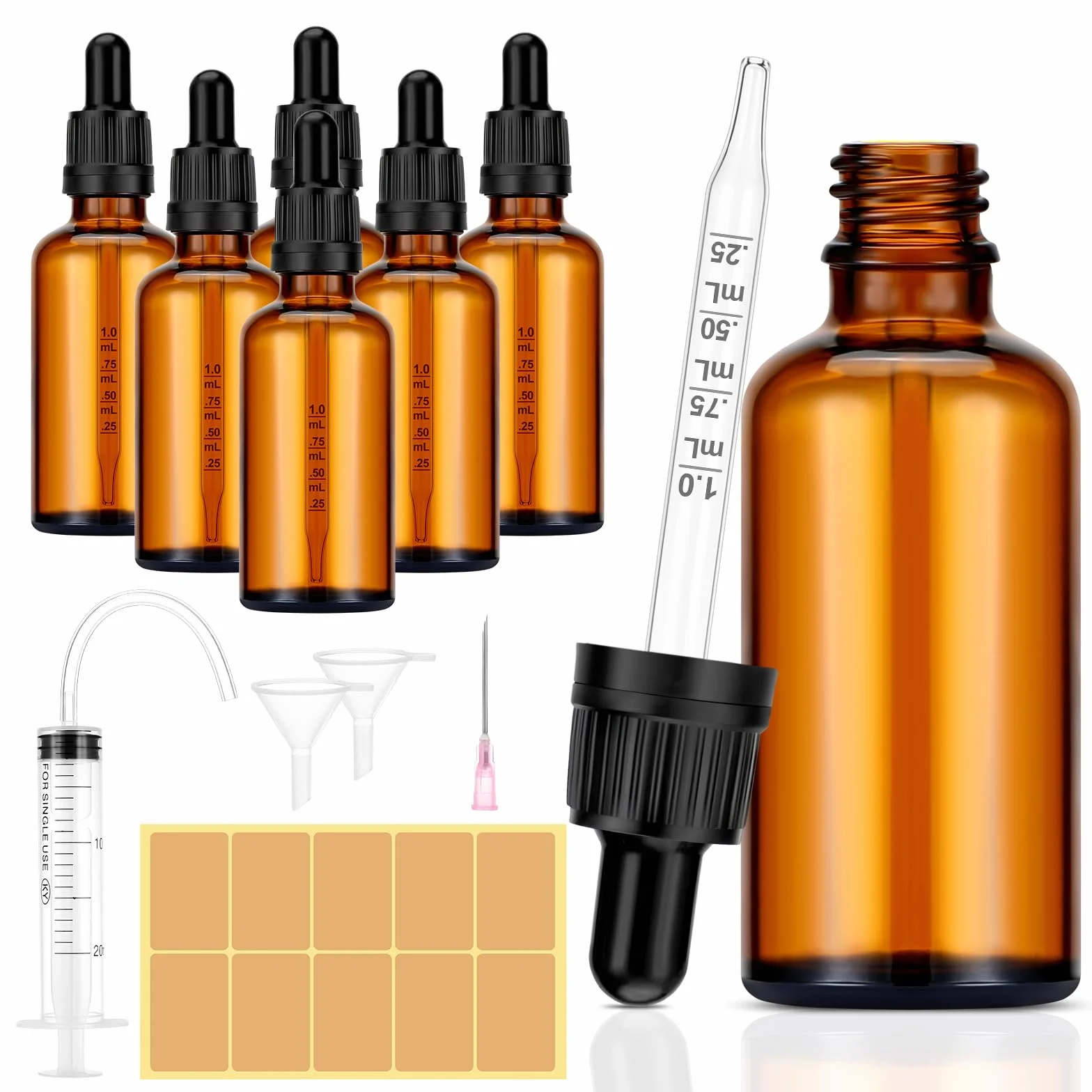 Frascos de vidrio marrón 50 ml con pipeta para aceites esenciales - 6 unidades