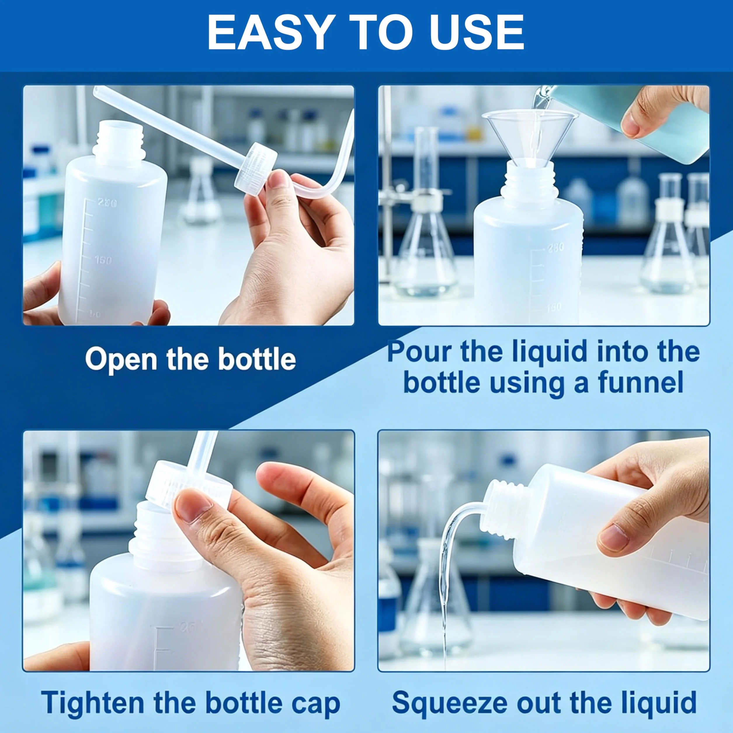 Botellas de Lavado 500 ml, Plástico Transparente, Squeeze Wash Bottle con Embudo para Laboratorio