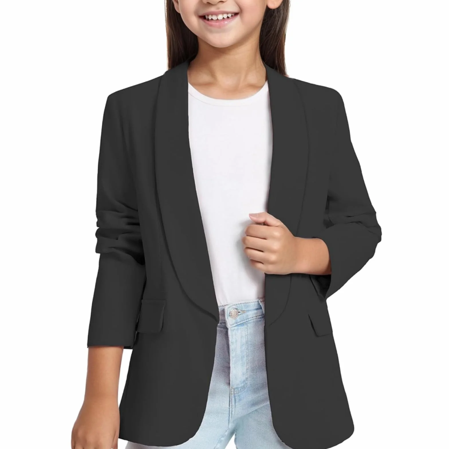 para niñas, Chaqueta de Traje Formal con Cuello Tipo Chal de Manga Larga, Bolsillo Interior Frontal Abierto para niños Gatillos Topes