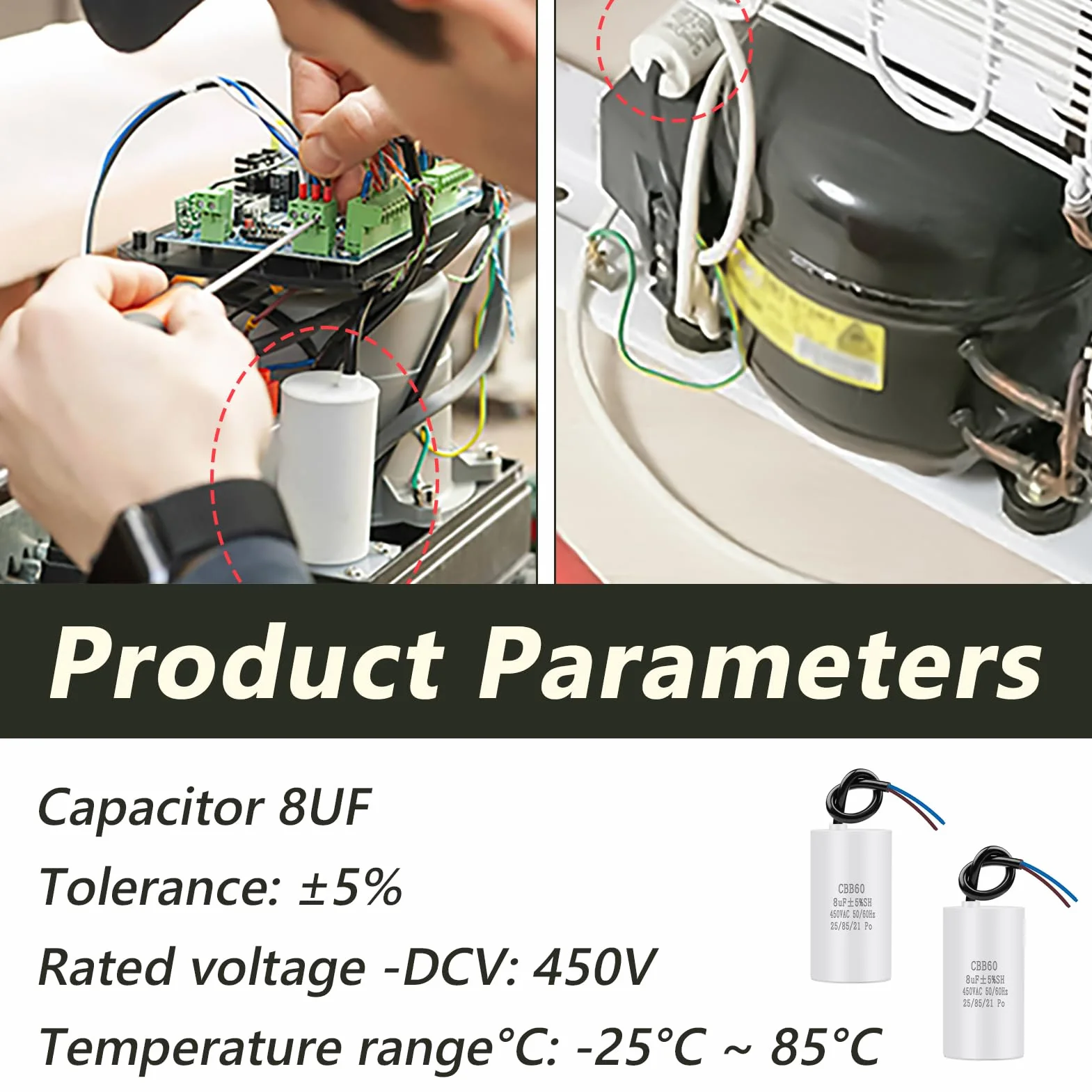 CBB60 450v 8uf 50/60HZ Condensador de Arranque para Compresores Lavadoras