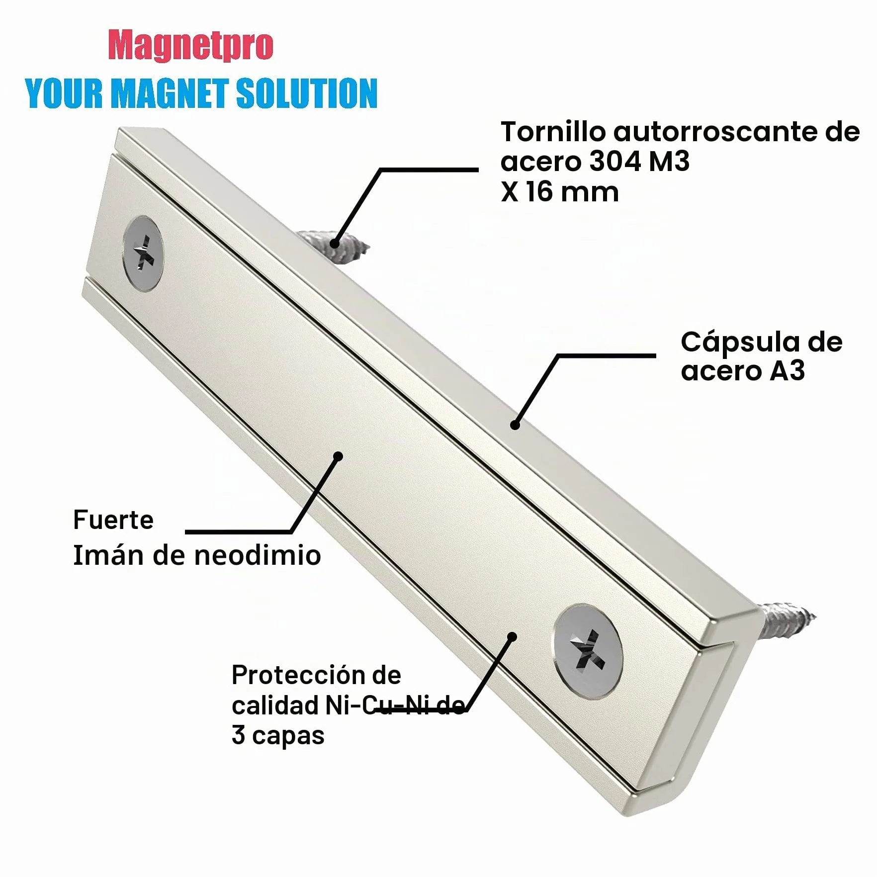 Magnetpro 8 piezas imanes rectangulares neodimio 30 kg 60 x 13.5 x 5 mm agujero avellanado con tornillos de fijación